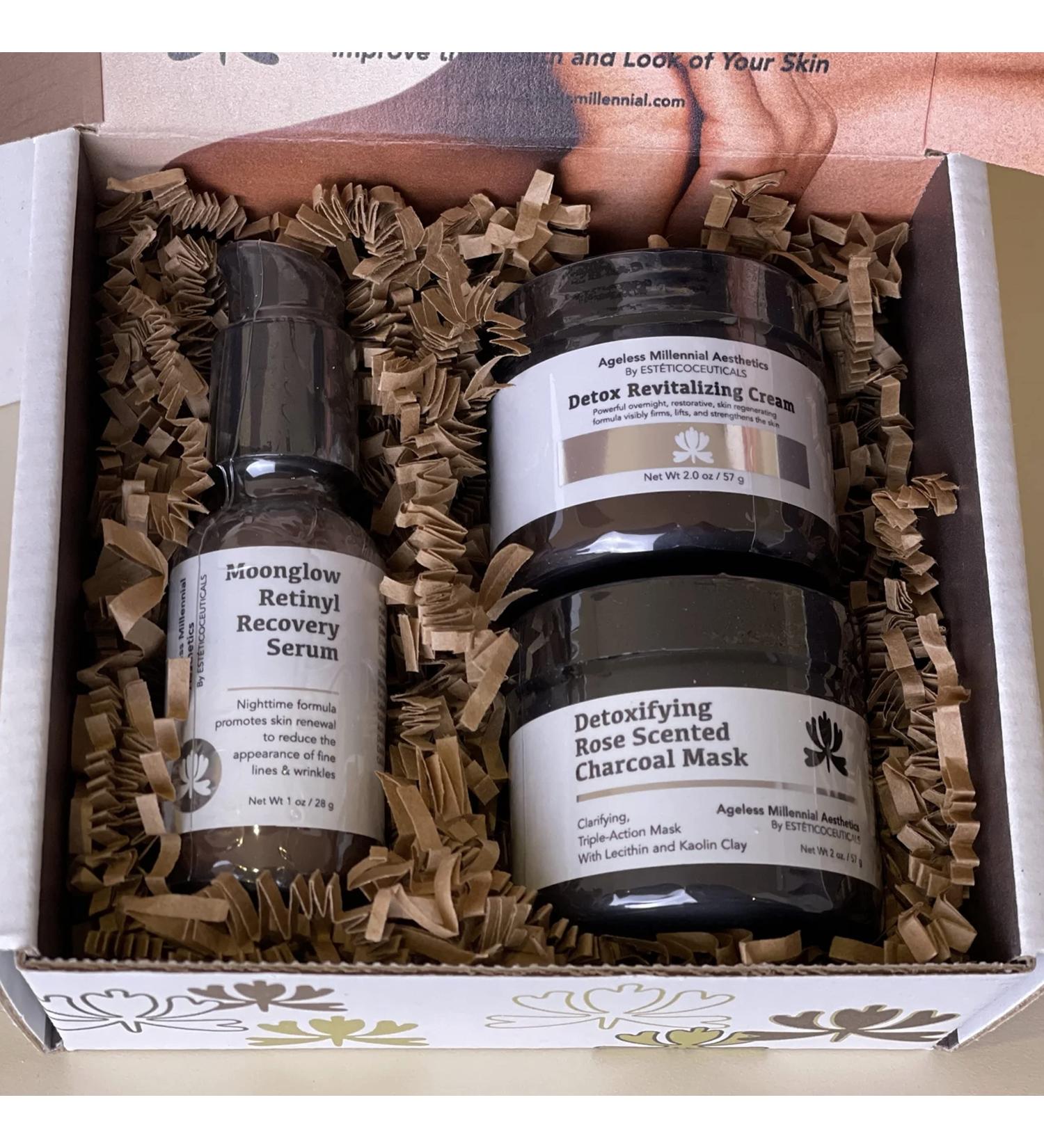 Ageless Millennial Aesthetics Nights Skin Care Gift Box - Detoxifying Charcoal Mask Moonglow Retinyl Recovery Serum & Revitalizing Cream for Youthful Skin - Buy Online on GoSupps.com