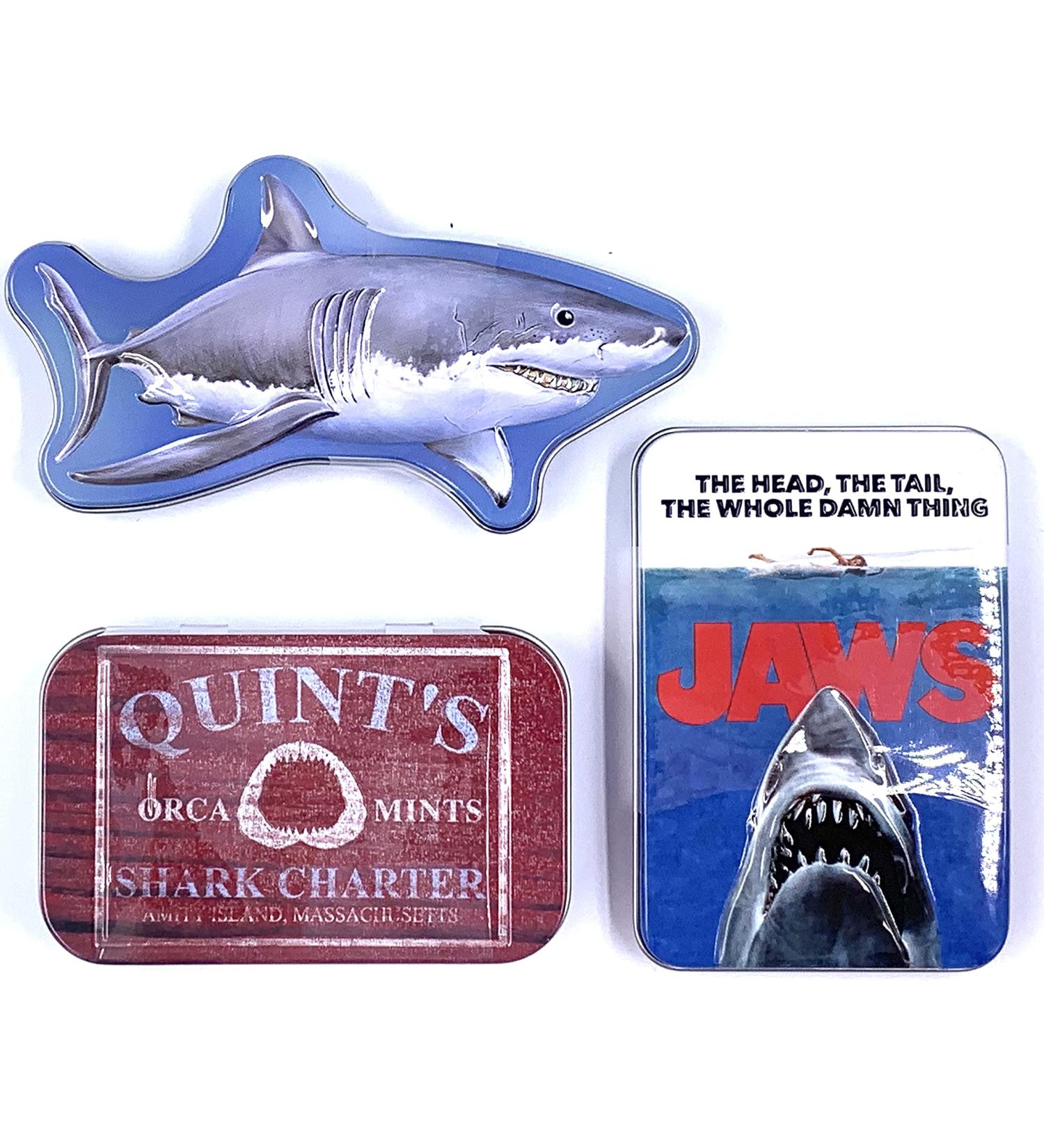 Jaws Collectible Candy Tin Bundle - Three (3) Tins filled with 3 Different Flavors & Shapes. Tins include: Jaws Movie Poster Quint Orca Mints and Great White Shark Maneater - Buy Online on GoSupps.com