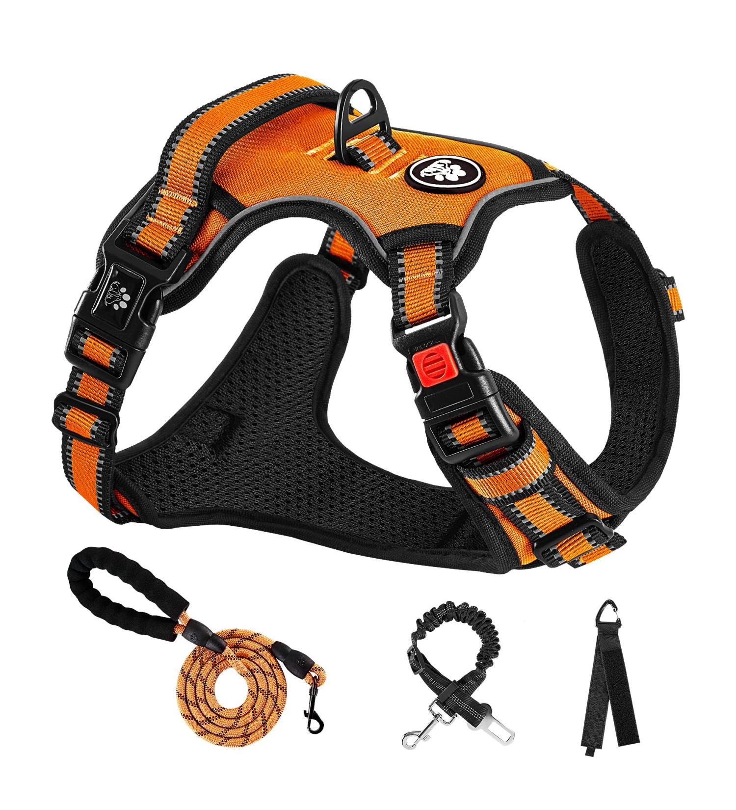 Nestroad Large Dog Harness & Leash Set - Adjustable Orange Harness for Large Dogs (Neck 38-48cm Chest 48-74cm) with Seat Belt for Car Travel - Buy Online on GoSupps.com
