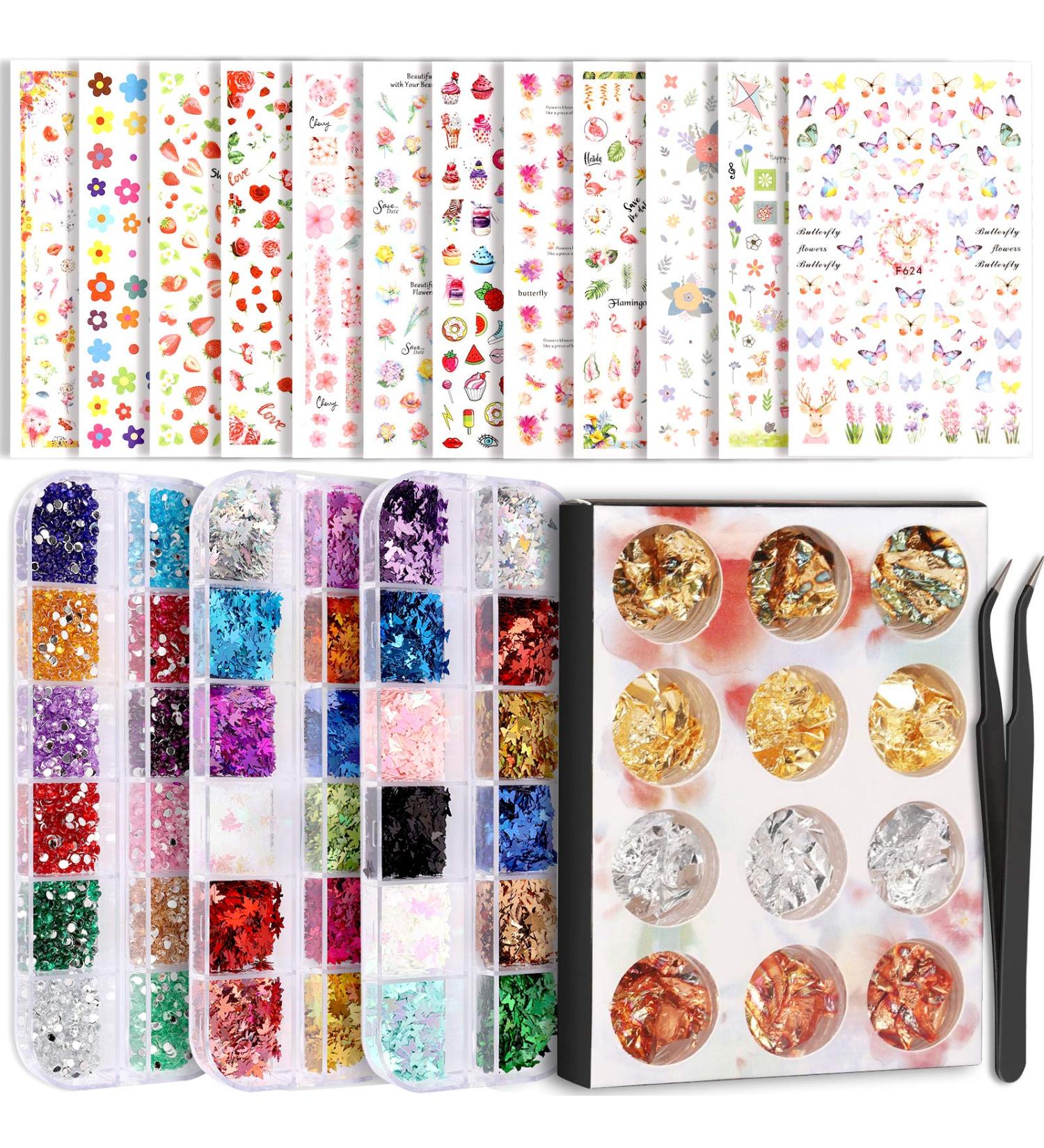 Teenitor Nail Art Decoration: 12 Sheets Butterfly Nail Foil Stickers, Sequins, Rhinestones - Self-Adhesive Decals for Nail Art Design - Buy Online on GoSupps.com