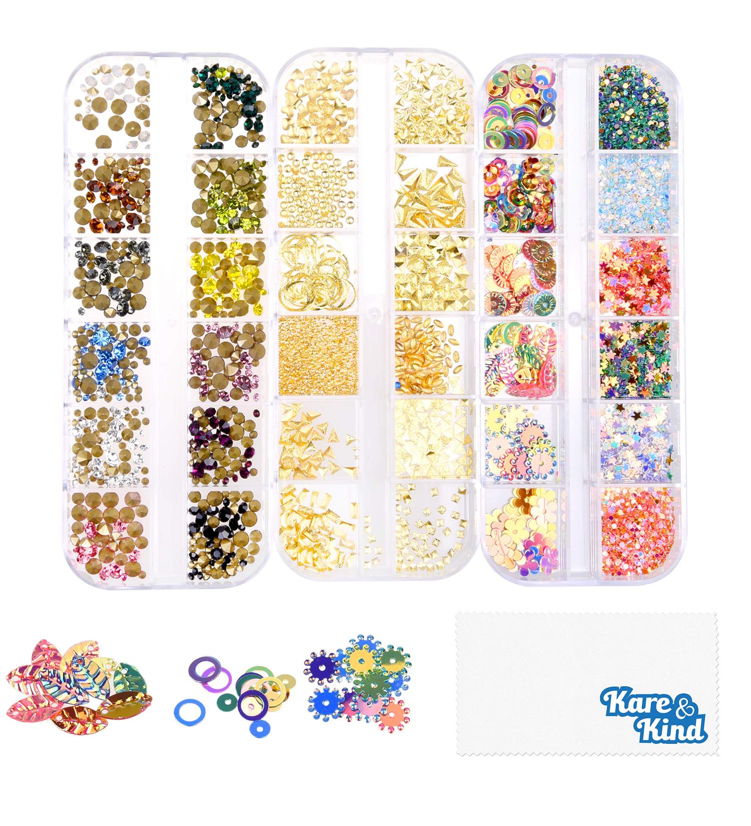 Kare & Kind 3D Nail Art Decoration Kit - Crystals Gems Rhinestones Jewels Studs - Metallic Gold Colorful Shiny Rivets - Nail Art Accessories Decals DIY Home Salon - Popular Designs and Shapes - Buy Online on GoSupps.com