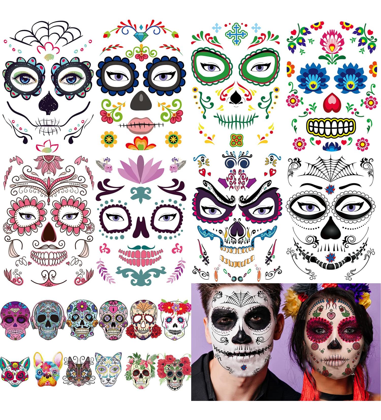 Day of the Dead Sugar Skull Tattoos - 20 Sheets with Halloween Temporary Face Designs - Buy Online on GoSupps.com
