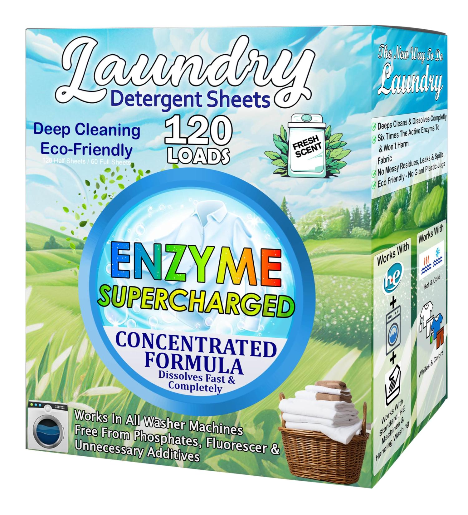 Eco-Friendly Laundry Detergent Sheets (120 Loads) - Hypoallergenic Enzyme-Based Stain Remover for Travel - Fresh Scent - Buy Online on GoSupps.com