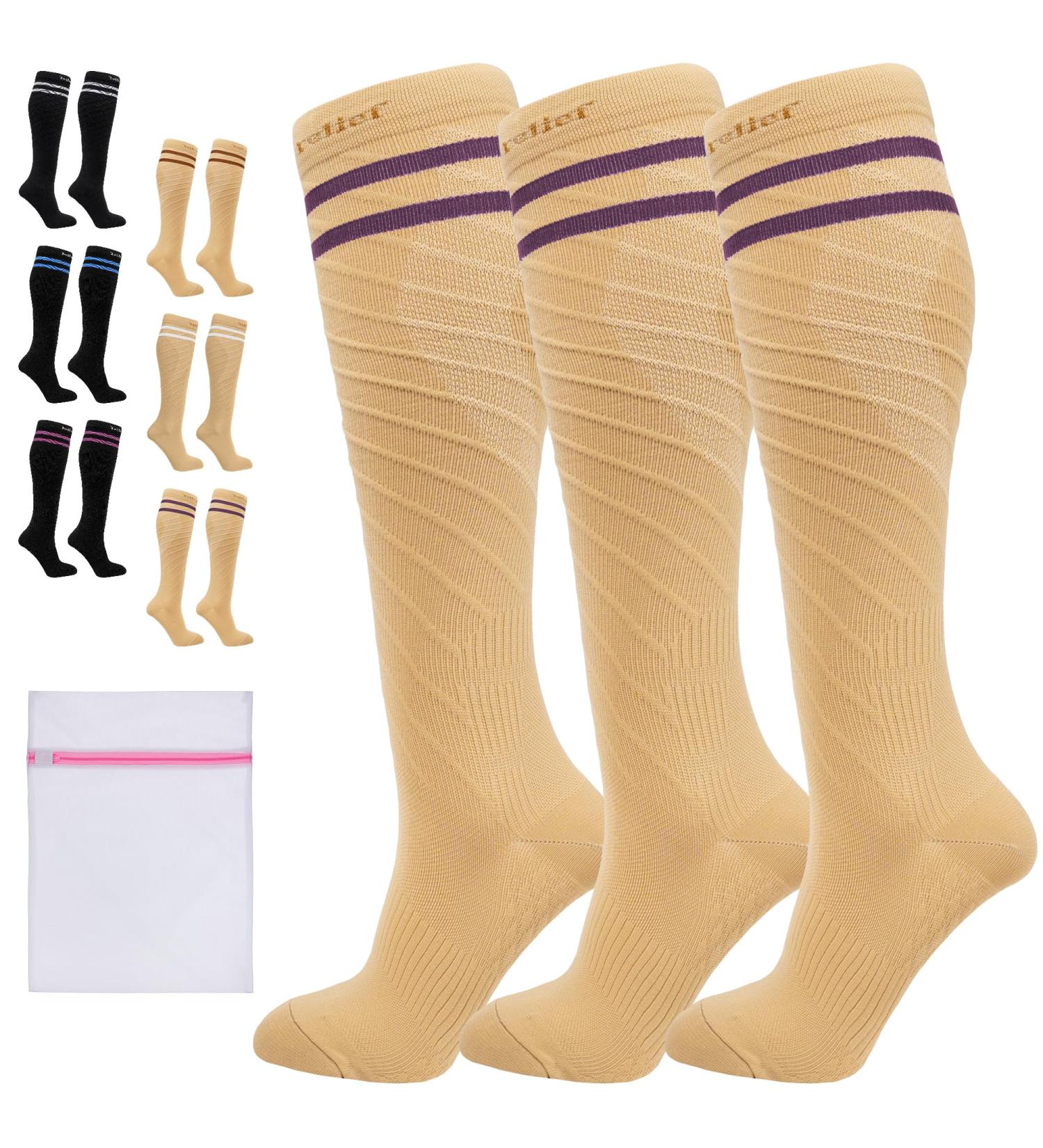 360 RELIEF - Flight Compression Socks Supports | Blood Circulation Travel Work S-M 3Pairs-Beige with 2 Plum Purple lines - Buy Online on GoSupps.com