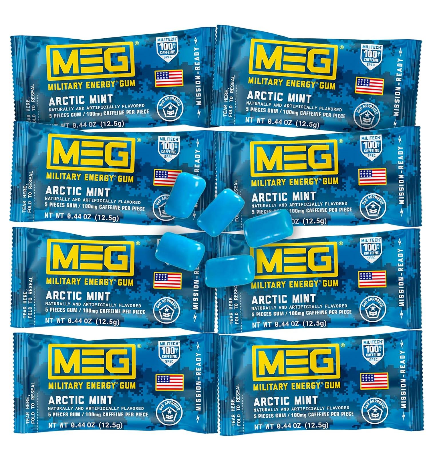 MEG Military Energy Gum | 100mg of Caffeine Per Piece - Arctic Mint - Pack of 8 - Buy Online on GoSupps.com