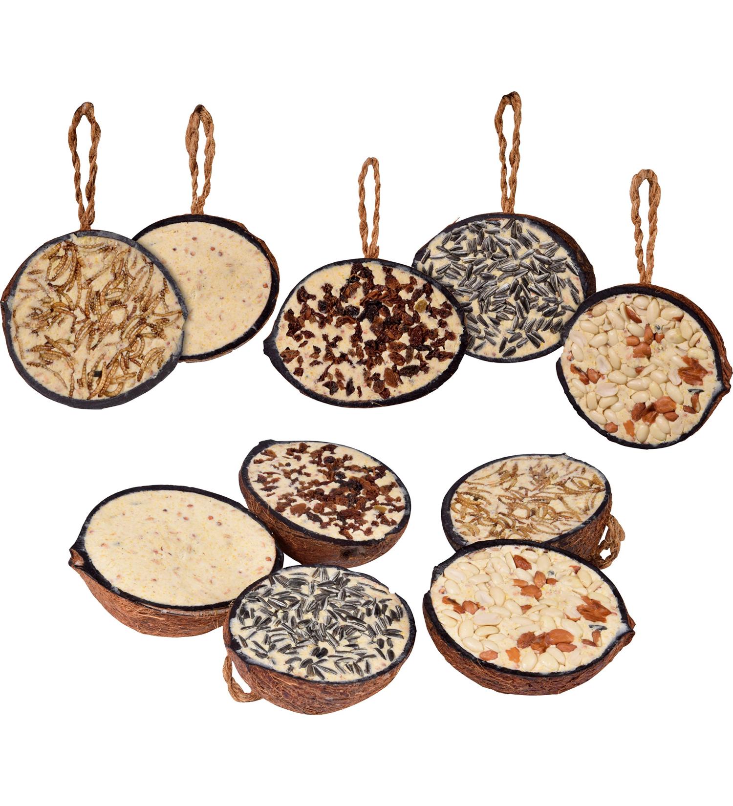 DoBar 10x Coconut Bird Feed - 5 Varieties for All-Year Feeding - 2kg Wild Bird Food in Half Coconut Shells - Buy Online on GoSupps.com