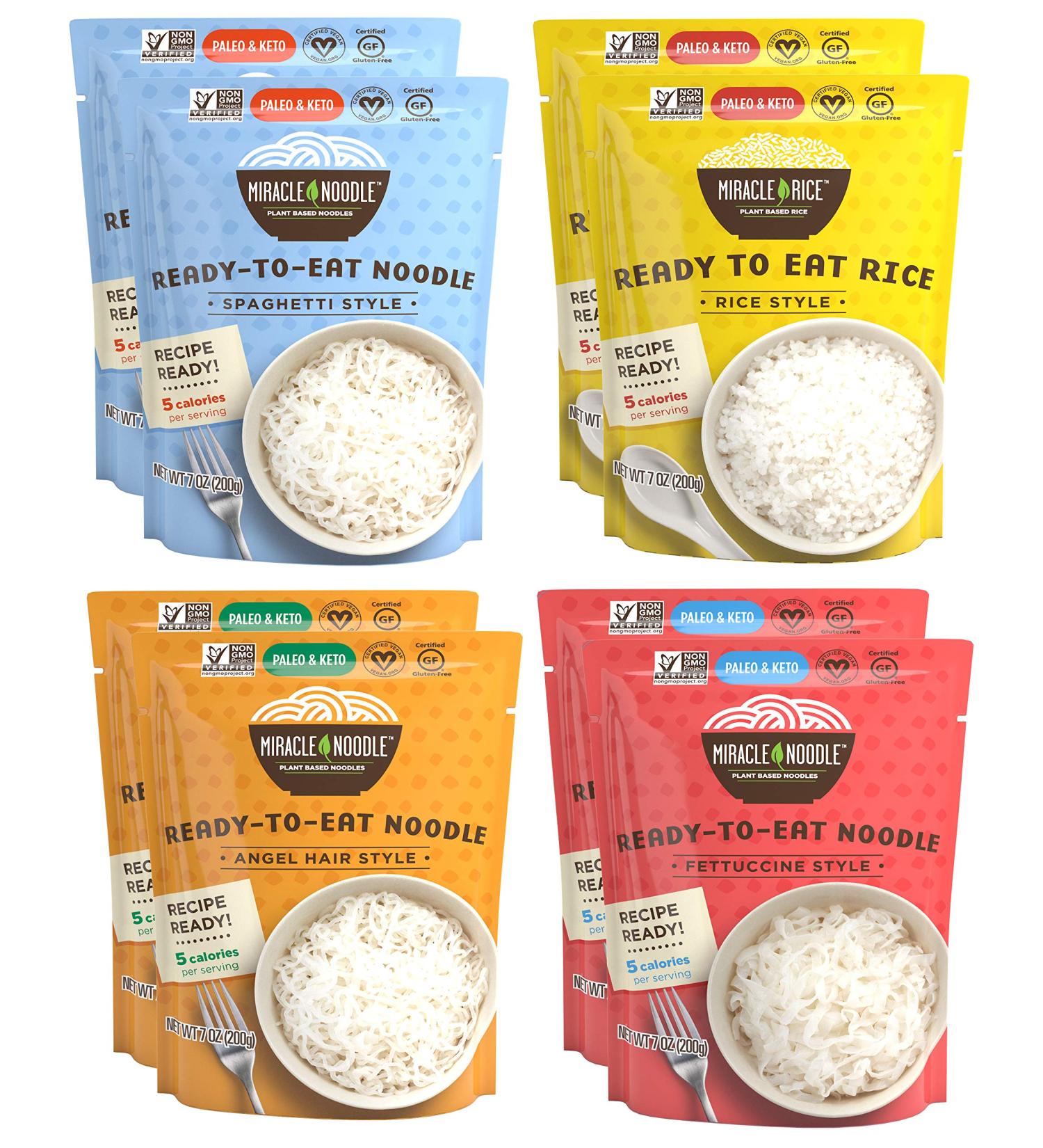 Miracle Noodle Variety Pack - Angel Hair, Fettuccini, Spaghetti Shirataki Noodles & Konjac Rice - Ready To Eat, Keto, Gluten Free, Low Carb, Low Calorie, Soy Free - Pack Of 8 (2 Bags Each) - Buy Online on GoSupps.com