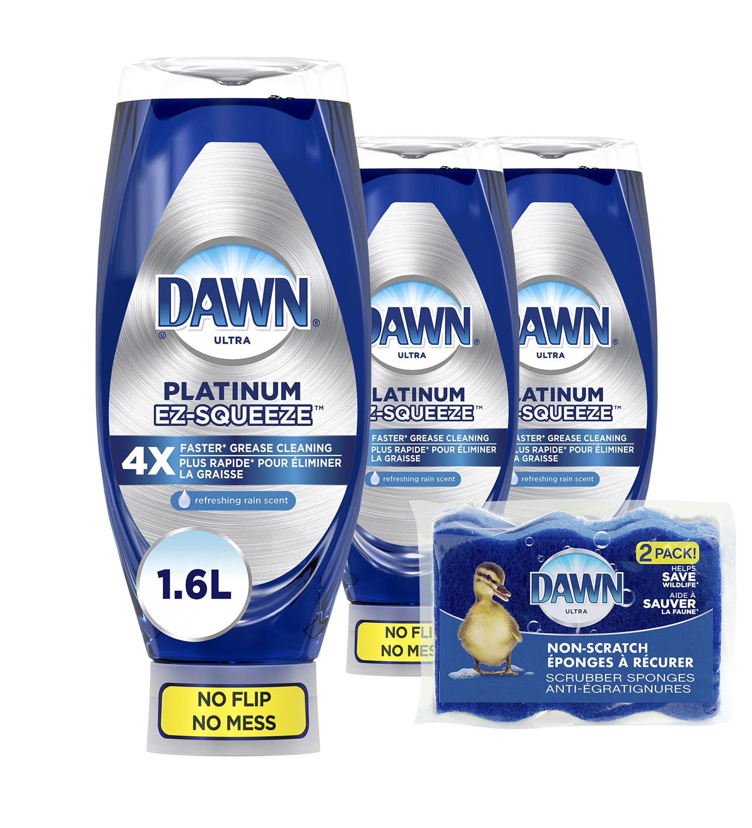 Dawn EZ-Squeeze Platinum Dishwashing Liquid Dish Soap Refreshing Rain Scent 535 ml (Pack of 3) + Dawn Non-Scratch Kitchen DIsh Sponges (Pack of 2) 321 ml (Pack of 5) - Buy Online on GoSupps.com