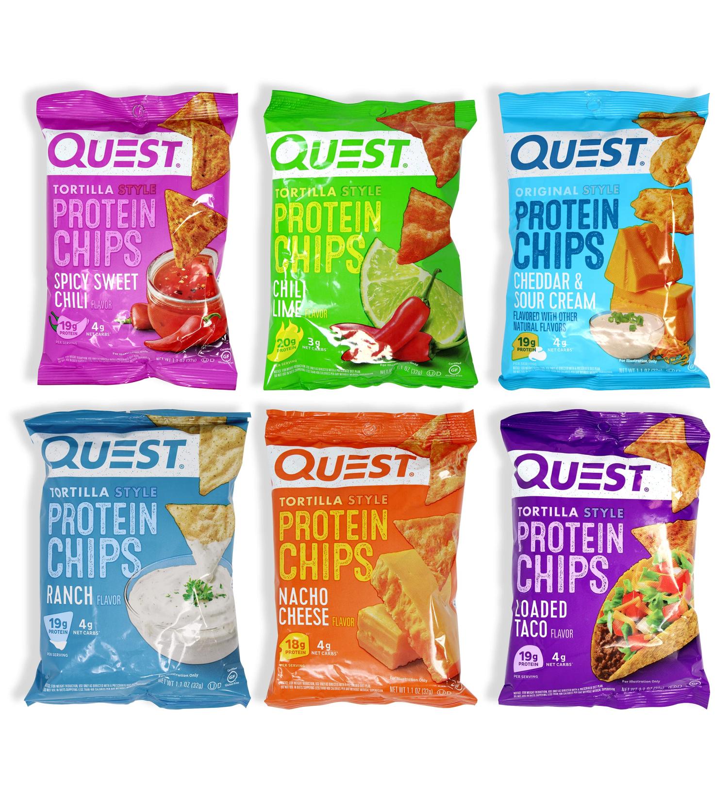 Quest Tortilla Style Protein Chips - 6 Flavors of Cheddar & Sour Cream Spicy Sweet Chili Ranch Loaded Taco Chili lime and Nacho Cheese | 6 pack | Niro Assortment