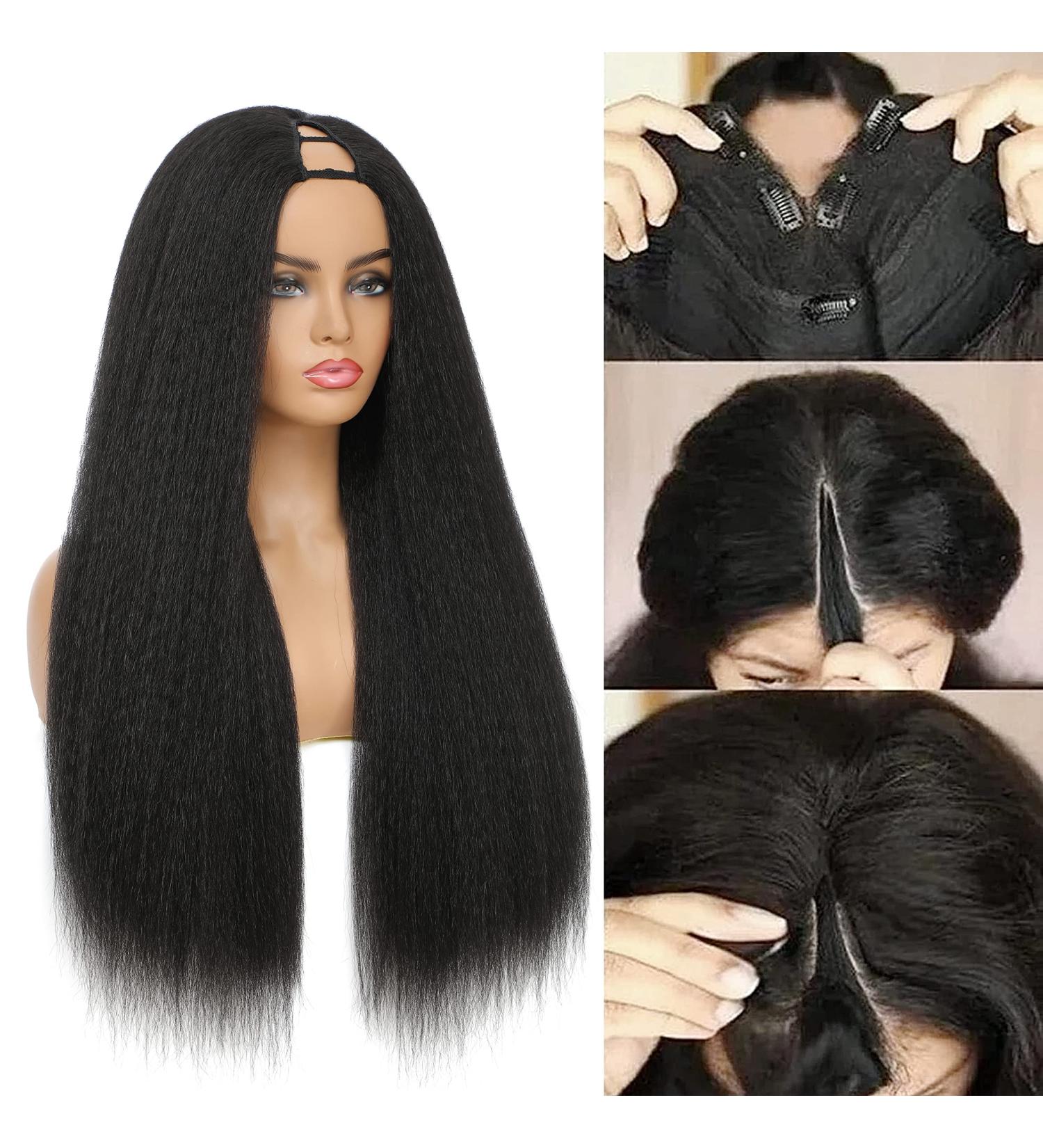 AMLSIMTE 26 Inch Kinky Straight V Part Wig - Yaki Straight No Leave Out | U Part Clip In Half Wig for Black Women 1B - Buy Online on GoSupps.com