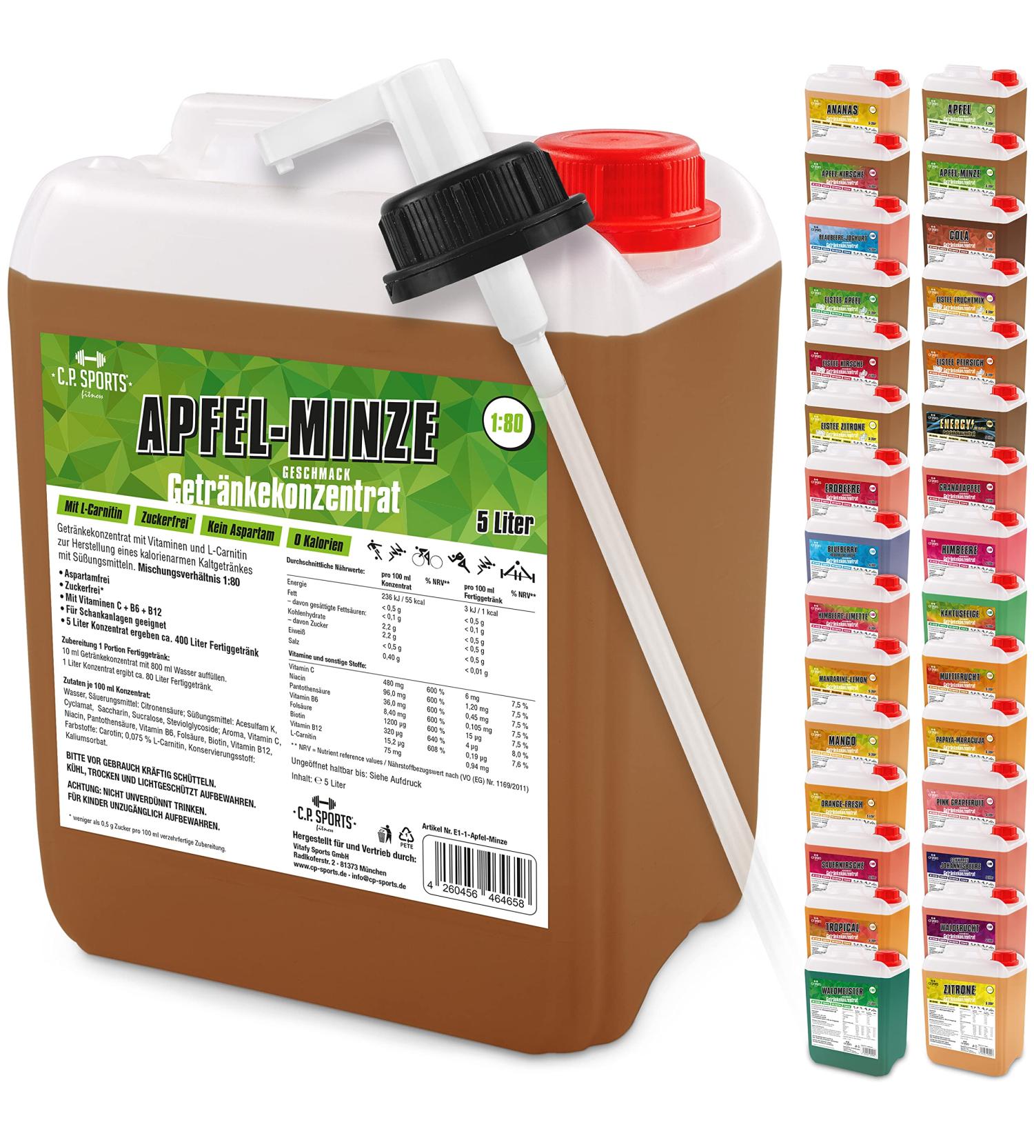 C.P.Sports 5L Beverage Concentrate - Make 400L Sports Drink with Vitamins & L-Carnitine | Apple Mint Flavor + Dosing Dispenser | International Shipping - Buy Online on GoSupps.com