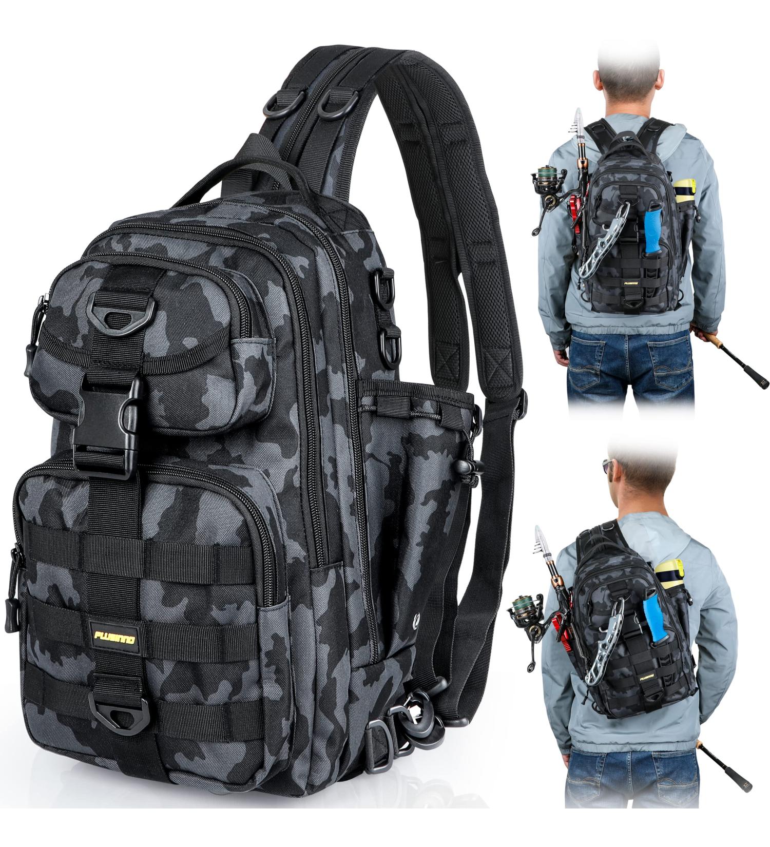 PLUSINNO Fishing Backpack Tackle Bag with Rod Holder - Water-Resistant, Ideal Fishing Gifts for Men - Large Black Camo (16.5*10.5*5.5inch) - Buy Online on GoSupps.com