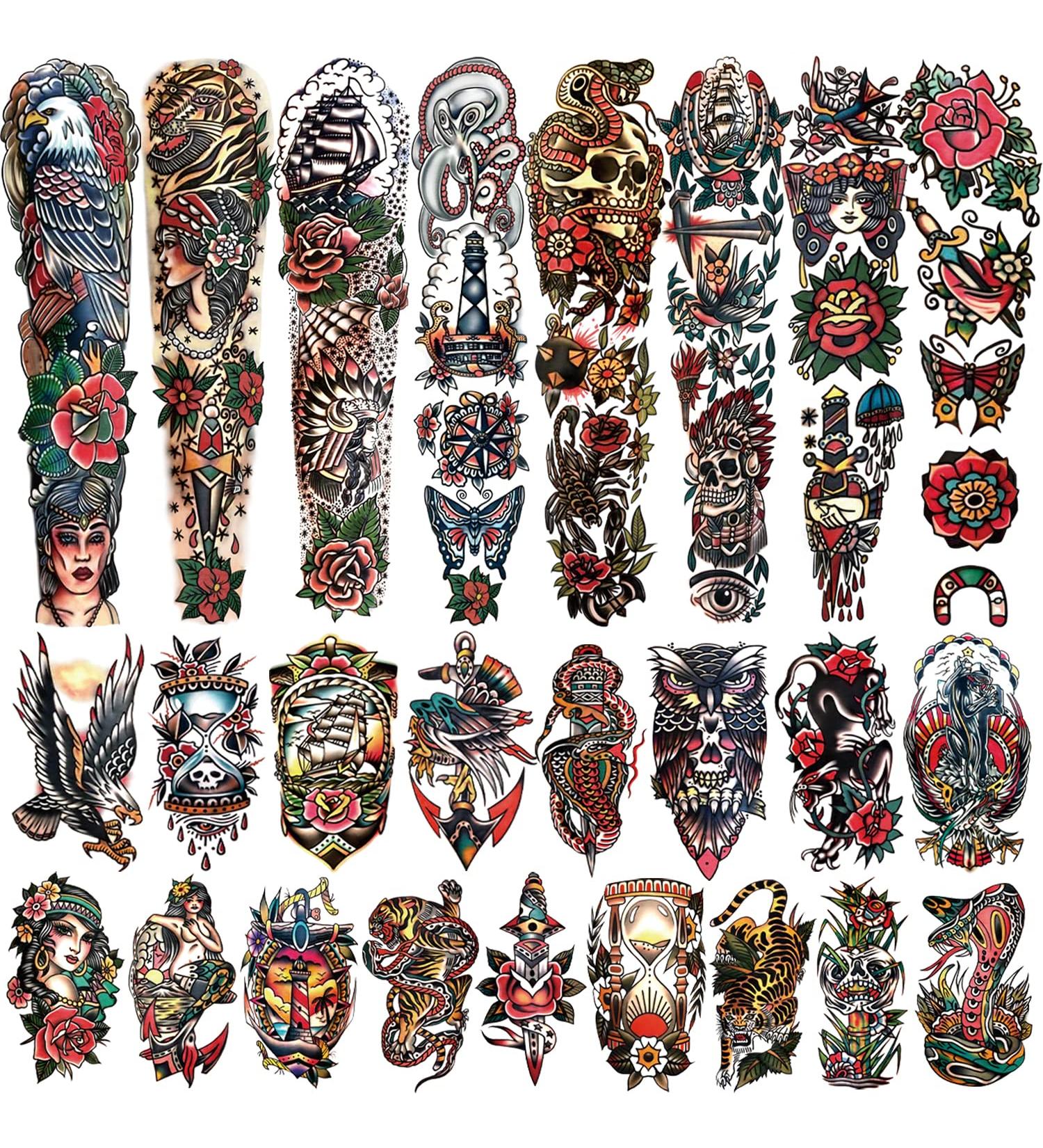 Classic Sailor Jerry Style Temporary Tattoo Sleeves - 55 Old School Stickers for Adults, Kids, Men, Women - American Traditional Flower Design - Buy Online on GoSupps.com