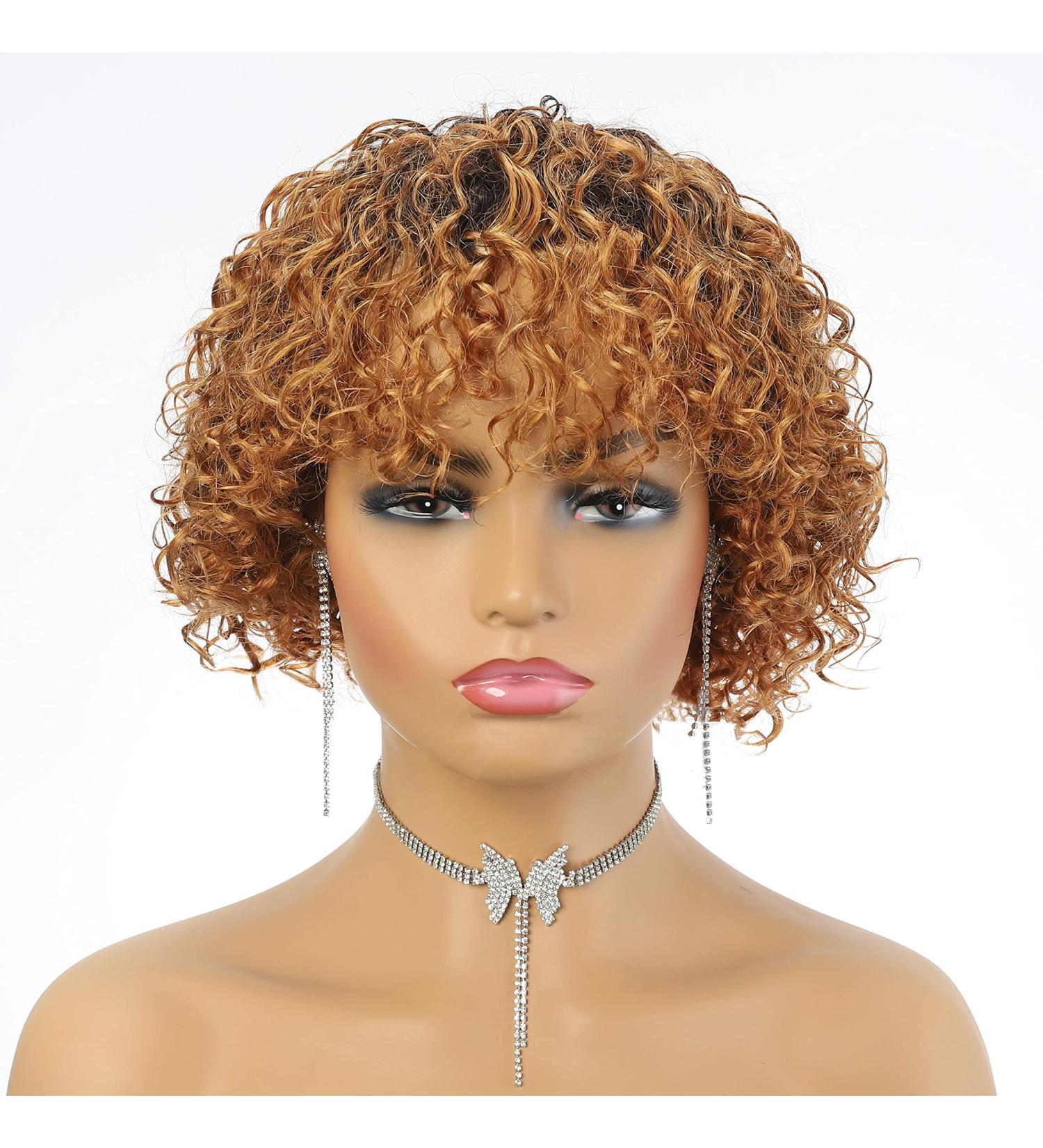 Brown 1B30 Short Curly Wig for Black Women - 8 inch Human Hair Highlights Wig with Bangs - Machine Made Natural Curls for Middle Aged Women - Buy Online on GoSupps.com