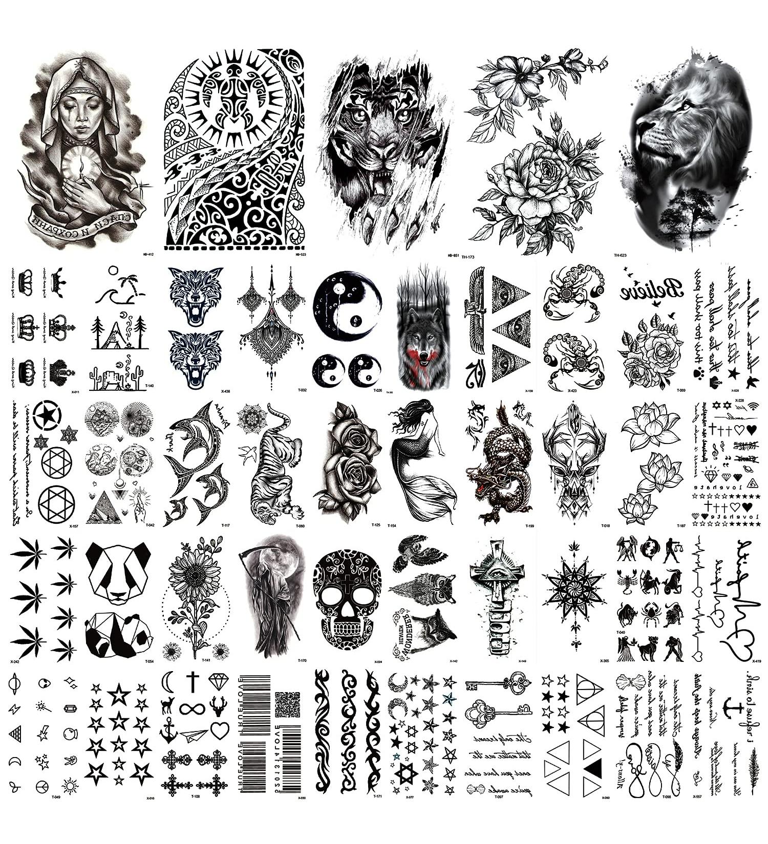 Zayvor 45 Sheets Temporary Tattoos - Waterproof 3D Tiny Black Handrawn Designs for Men and Women - Skull, Tribal, Maori, Tiger, Lion - Realistic Fake Body Art Sticker Set - Buy Online on GoSupps.com