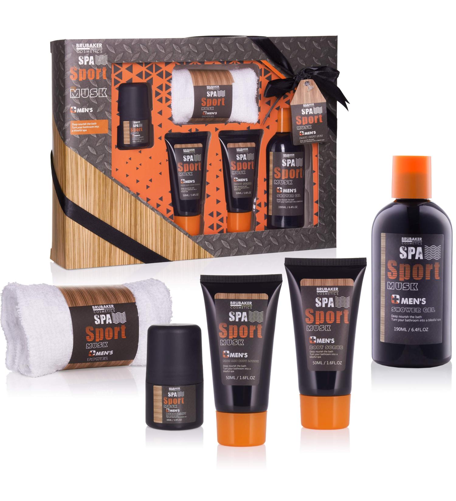 Brubaker Men's Spa Gift Set - 5-Piece Musk Care Set with Shower Gel Deodorant Body Lotion & Washcloths in Premium Gift Box - Buy Online on GoSupps.com