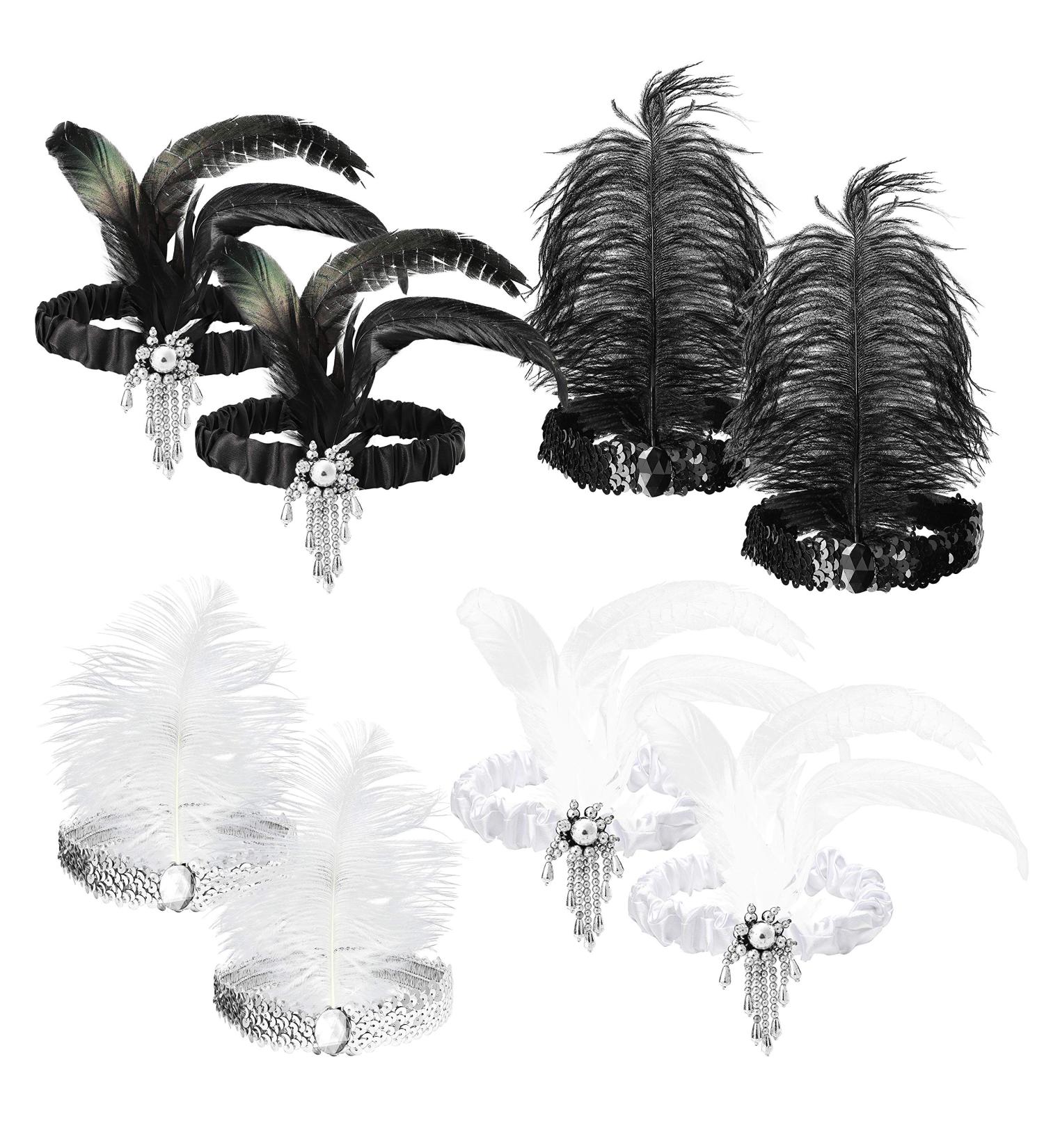 WATINC 8pcs 1920s Flapper Headband Set | Black & White Sequin with Feather Jewel Detail | Great Gatsby Hair Accessory | Roaring 20s Costume Vintage Headpiece - Buy Online on GoSupps.com
