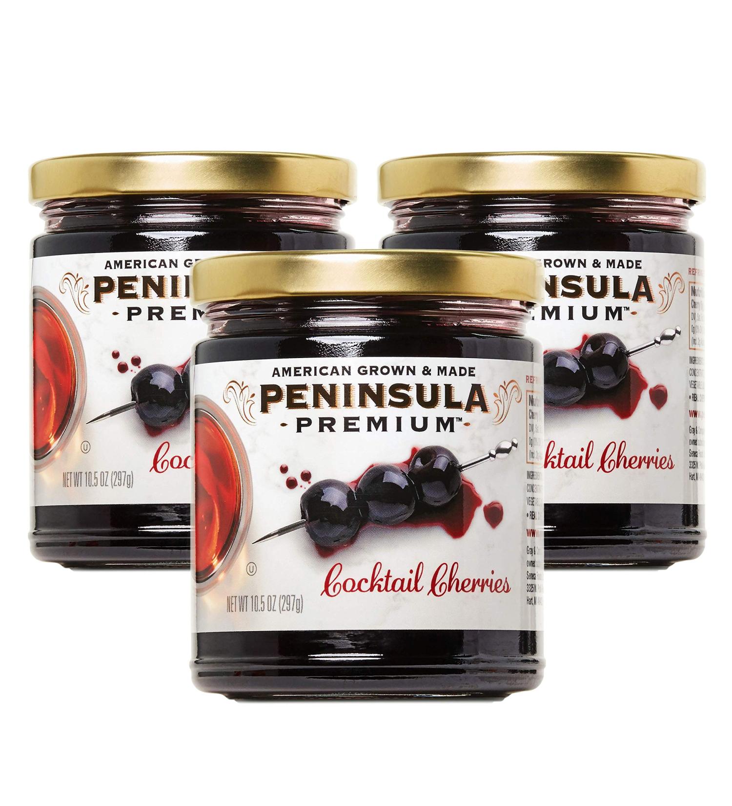 Peninsula Premium Cocktail Cherries | Award-Winning Deep Burgundy-Red | Silky Smooth Rich Syrup | Luxe Sweet-Tart Flavor | American Grown & Made | 10.5 oz (3-Pack) - Buy Online on GoSupps.com