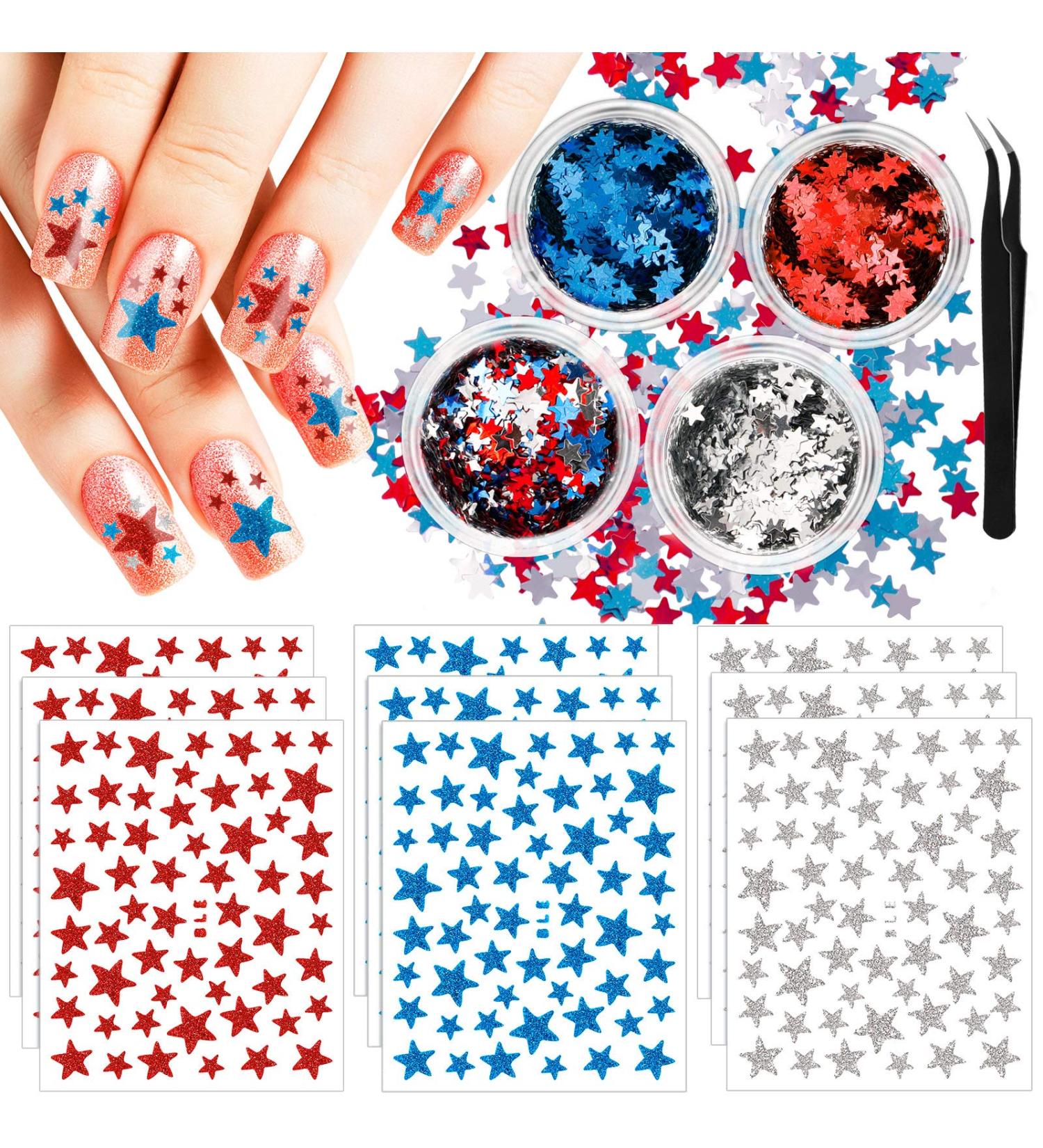 9 Sheet Star Nail Art Stickers Decals with Tweezers - Holographic Nail Glitter Sequins in Red, Silver, Blue - Laser Nail Art Flakes for Stunning Nails - Buy Online on GoSupps.com