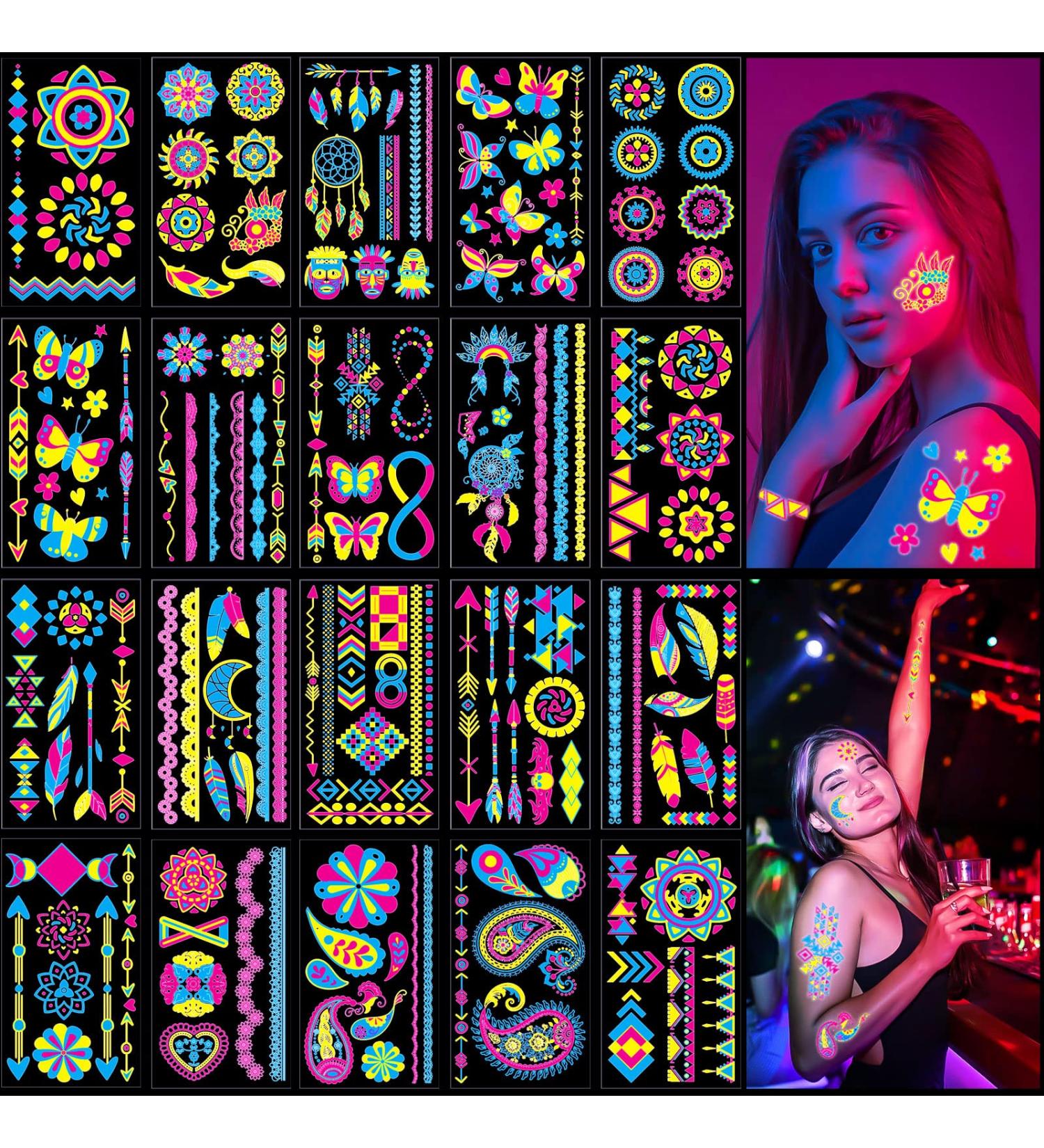 COKOHAPPY 20 Sheets UV Blacklight Neon Temporary Tattoos - Waterproof Luminous Fake Tattoos for Glow Party, Blacklight, Bachelorette - 160+ Styles Neon Accessories for Women - Neno Party Rave Supplies - Buy Online on GoSupps.com