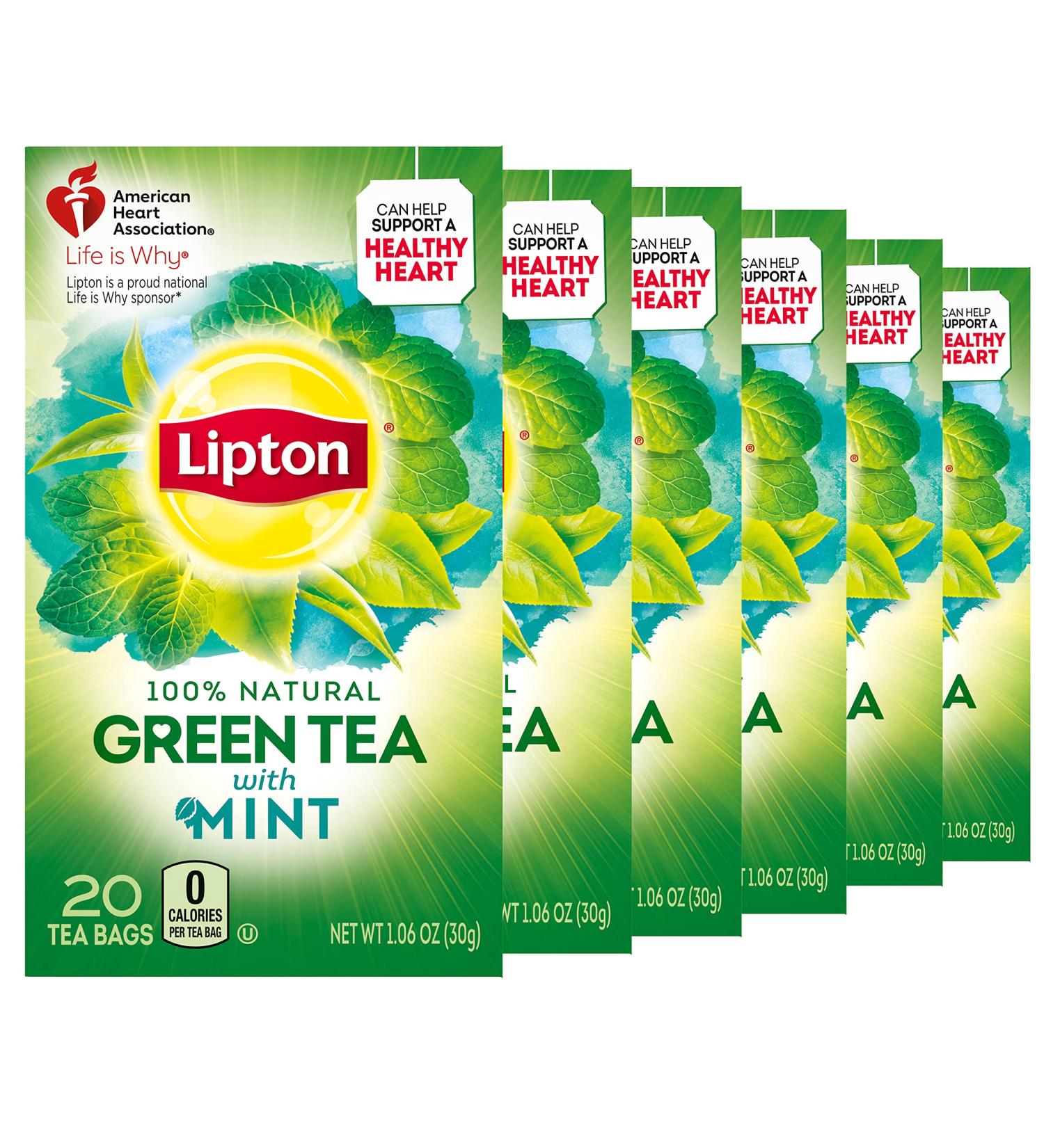 Lipton Green Tea Bags with Mint Flavor - 100% Natural, Heart-Healthy - 1.06oz 20 Count (Pack of 6) - Buy Online on GoSupps.com