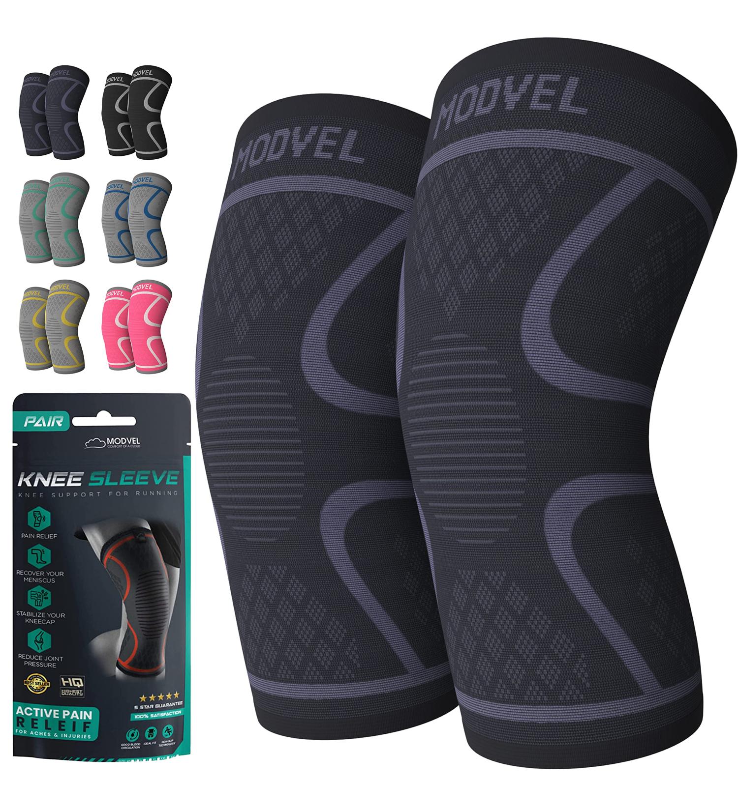 Modvel Knee Brace Compression Sleeve for Men & Women - Support for Running - Medical Grade Meniscus Tear, ACL, Arthritis, Joint Pain Relief - Large Black/Grey (2 Pack) - Buy Online on GoSupps.com