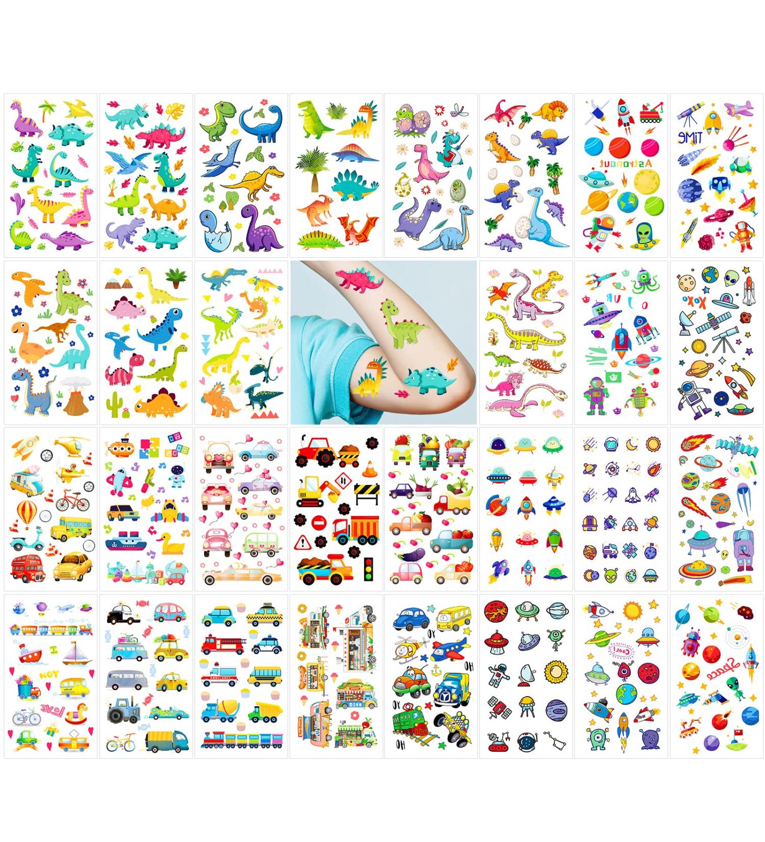 Qpout 30 Sheets Boys Temporary Tattoos - Dinosaur, Car, Outer Space Designs | Waterproof Fake Tattoo Stickers for Boys | Birthday Party Gifts and Decorations - Buy Online on GoSupps.com