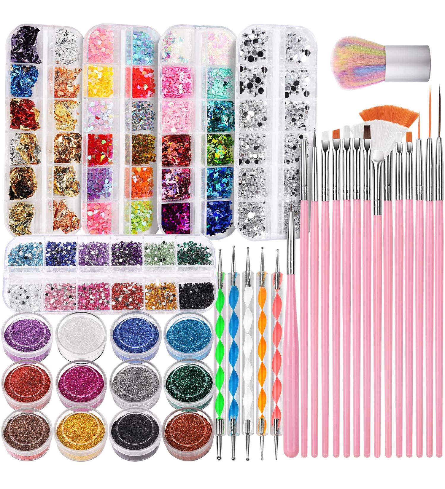 FANDAMEI Nail Art Kit with Brushes, Dotting Tools, Glitter, Sequins, Foil Flakes, Rhinestones & Dust Brush - A-Pink - Buy Online on GoSupps.com