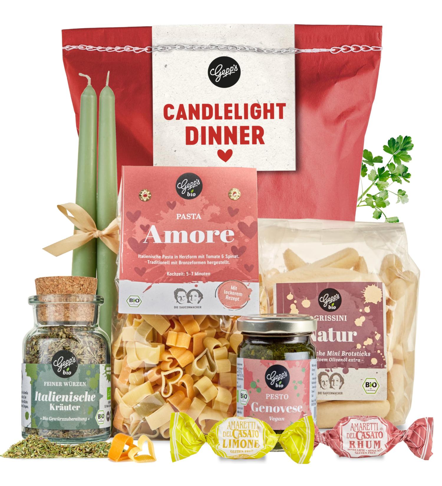 Gepp's Delicatessen Candlelight Dinner Surprise Bag | Romantic Gift Set with Heart-Shaped Pasta Organic Pesto Genovese & Italian Delicacies for Two - Buy Online on GoSupps.com