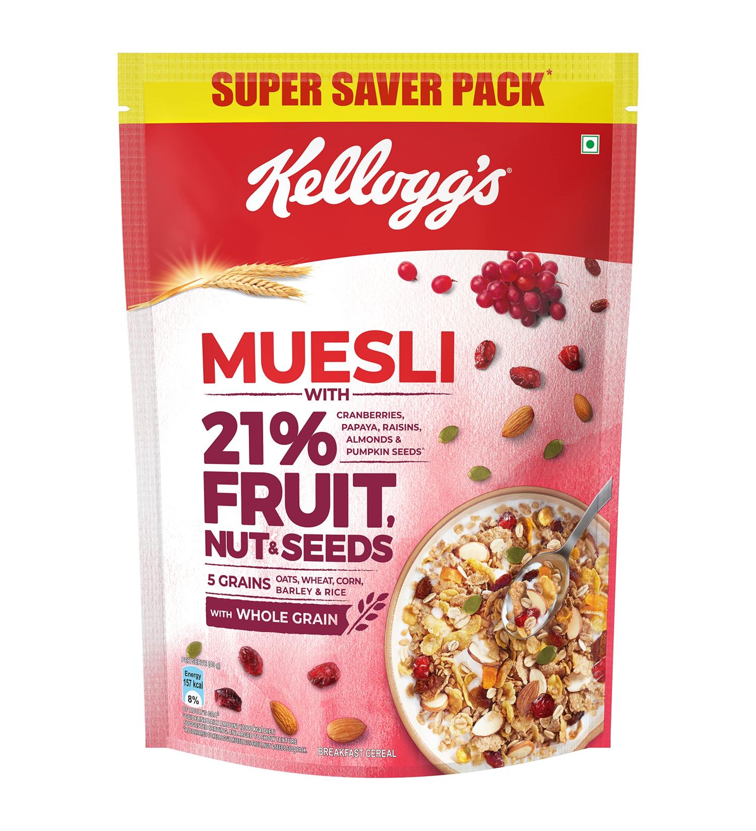 Kellogg's 21% Fruit and Nut Muesli Pouch - 750g | Delicious Breakfast Option - Buy Online on GoSupps.com