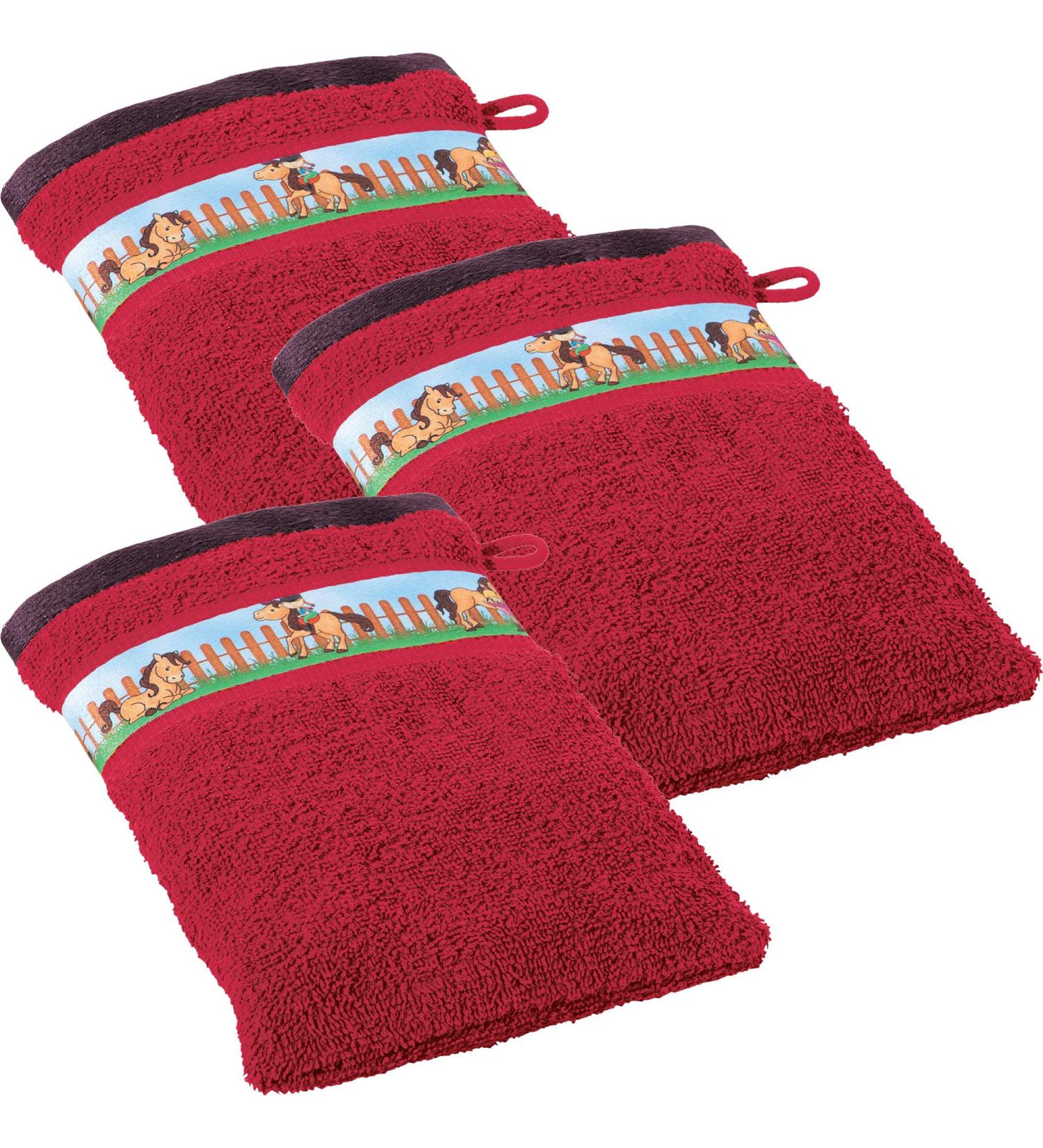 Erwin M ller Children's Waschrot Washy Pack Frottier red size 15x21 cm- with horse motif on border soft skin-friendly 100% cotton washing glove 3-pack |15x21 cm red