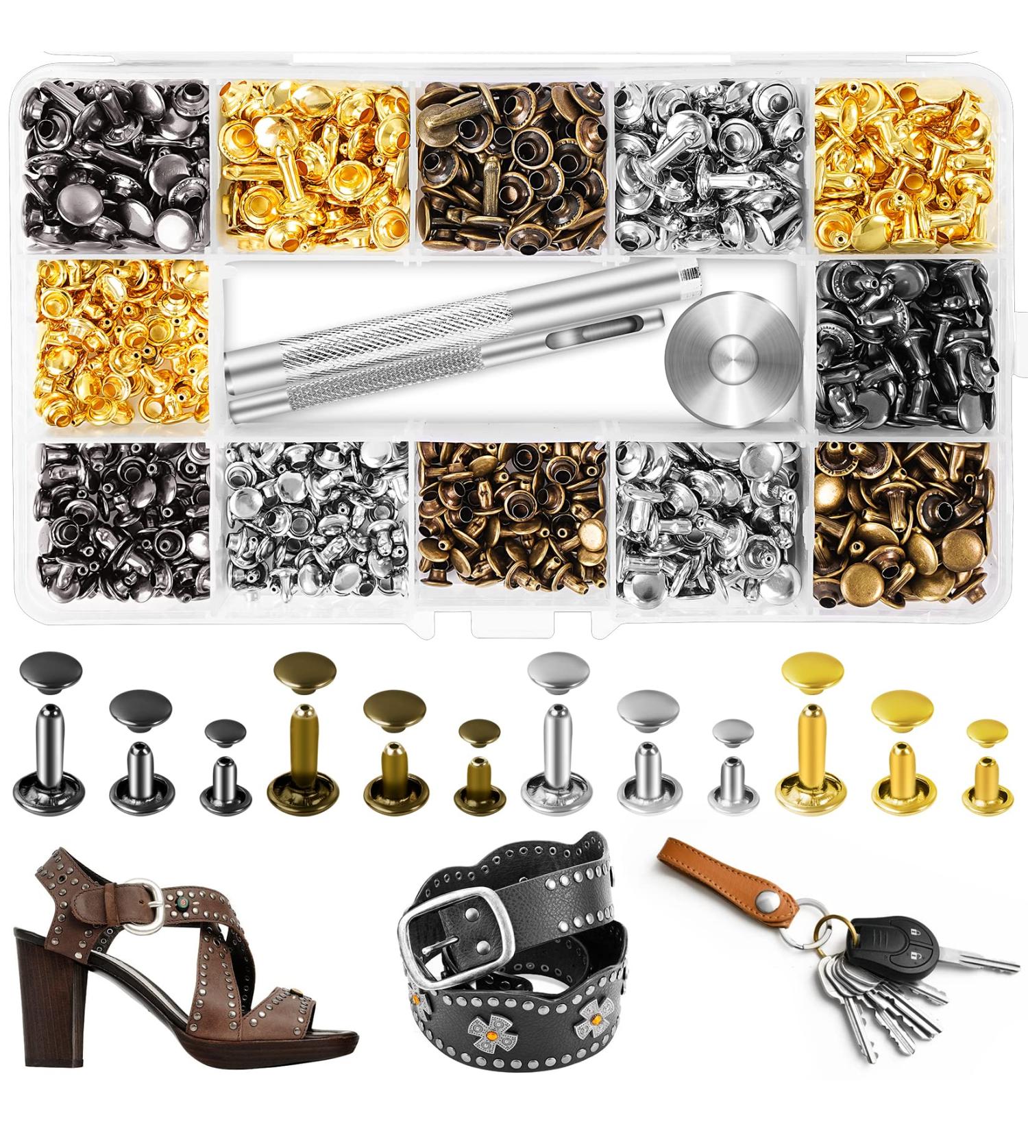 420 Sets Double Cap Brass Rivets Kit - Leather Studs with Setting Tools for Repair and Crafts - 4 Colors, 3 Sizes - 420 Pack - Buy Online on GoSupps.com