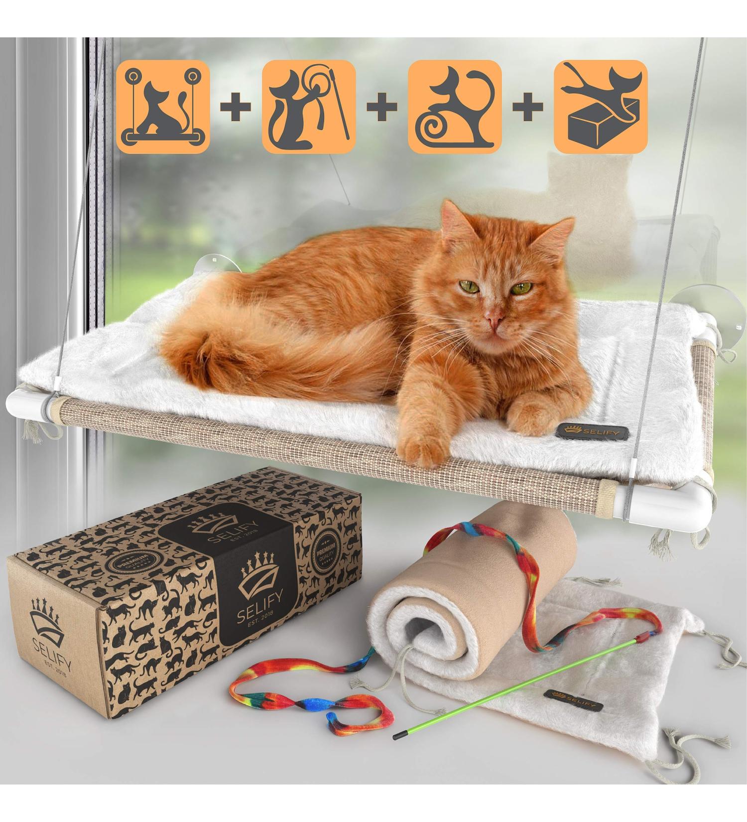 Selify Cat Window Perch - Extra Large & Sturdy, Free Fleece Blanket & Toy, Holds Two Large Cats, Easy to Assemble - Buy Online on GoSupps.com