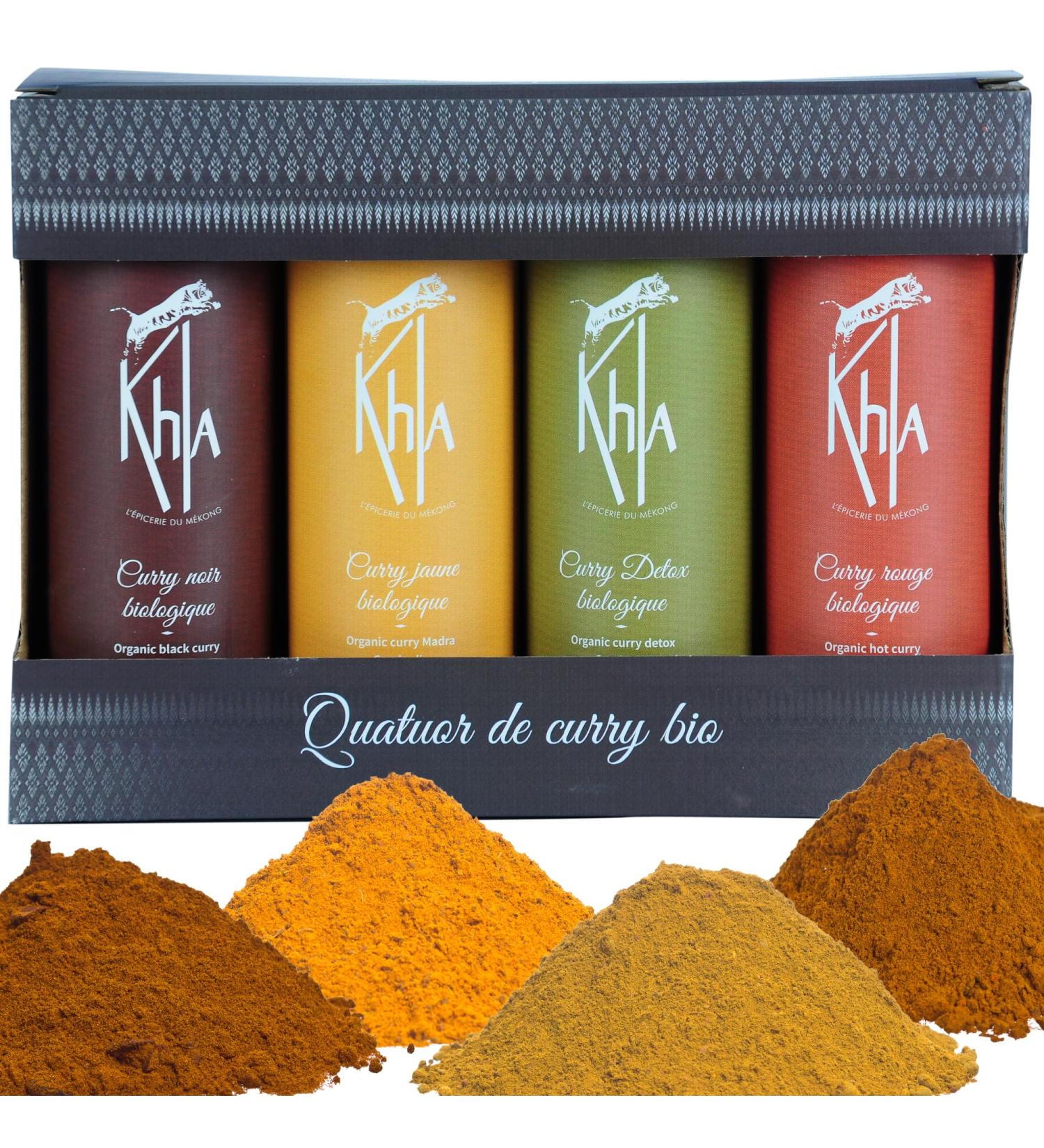 Khla - Set of 4 Organic Curries - Yellow Curry Black Curry Red Curry & Detox Green Curry - Powder Tubes 4x 100g - Gift Idea Box - Exclusive Kitchen Blends - Asian Spice - Cambodia Origin - Buy Online on GoSupps.com