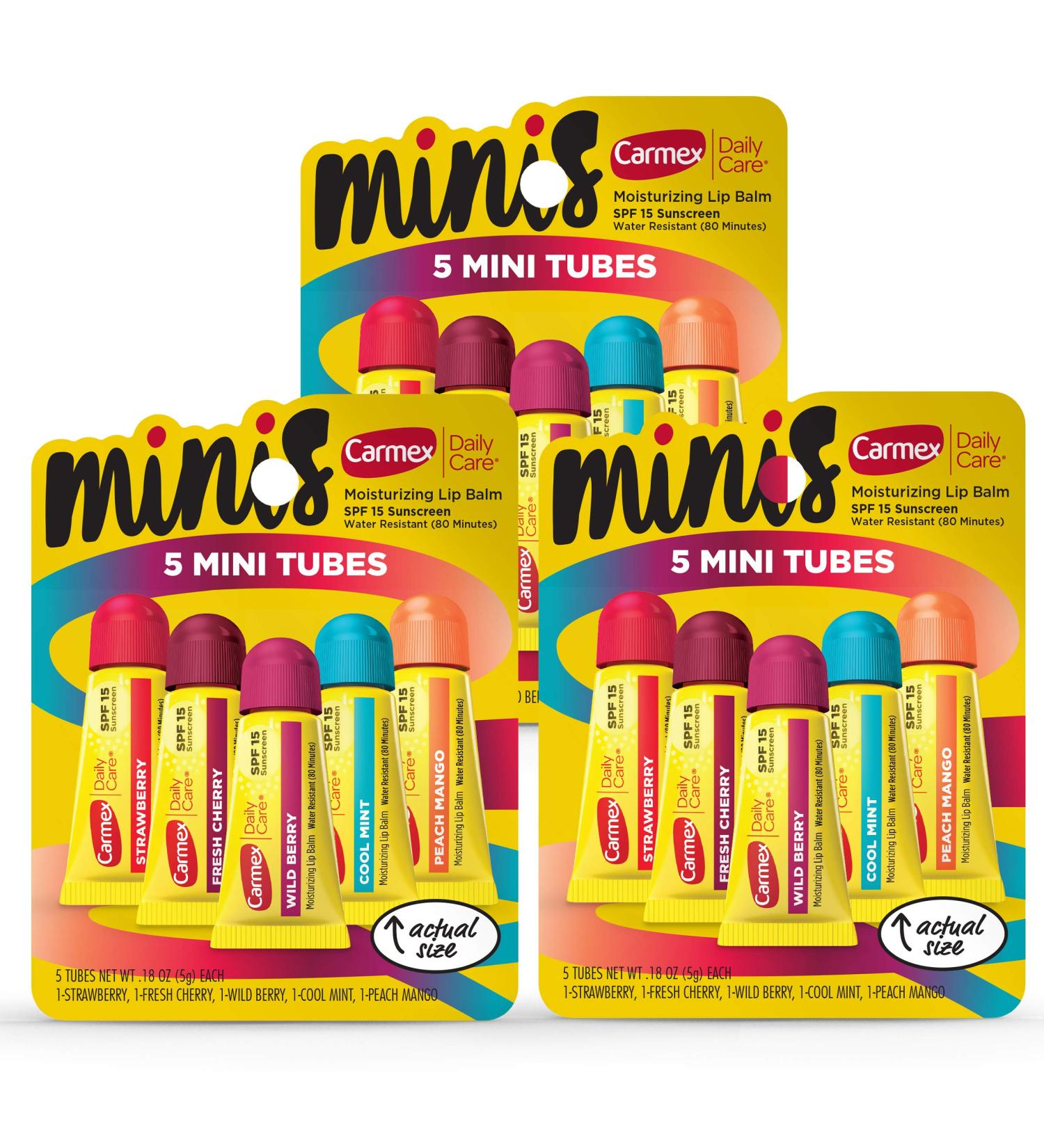 Carmex Daily Care Minis Lip Balm Pack - SPF 15, Variety of Flavors, 0.18 oz Tubes, 5 Count x 3 Packs - Buy Online on GoSupps.com