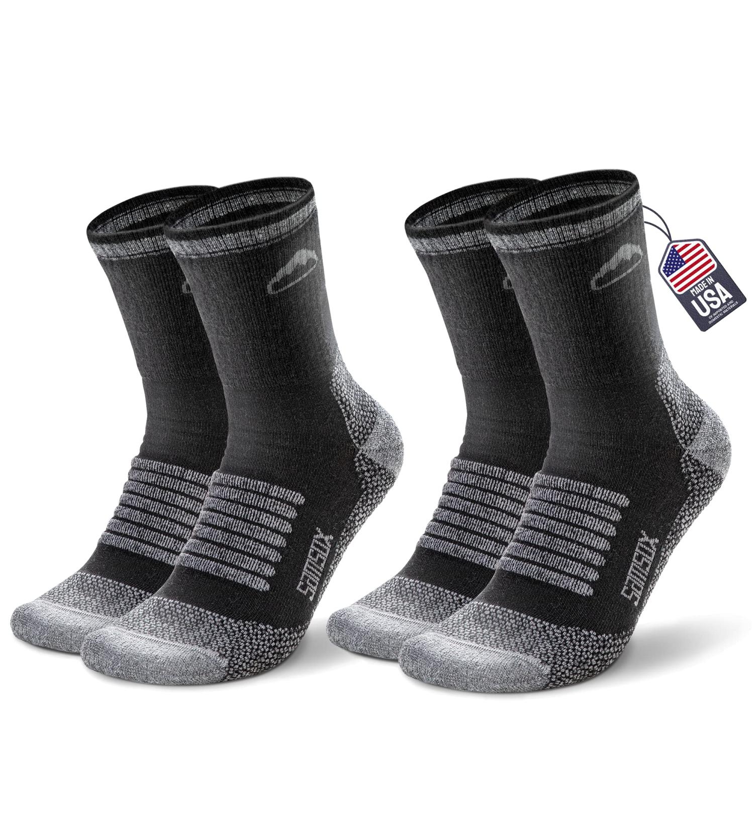 SamSox 2-Pack Merino Wool Hiking Socks - Moisture Wicking Micro Crew Cushion Socks - Made in USA - for Men & Women - Black/Grey - Buy Online on GoSupps.com