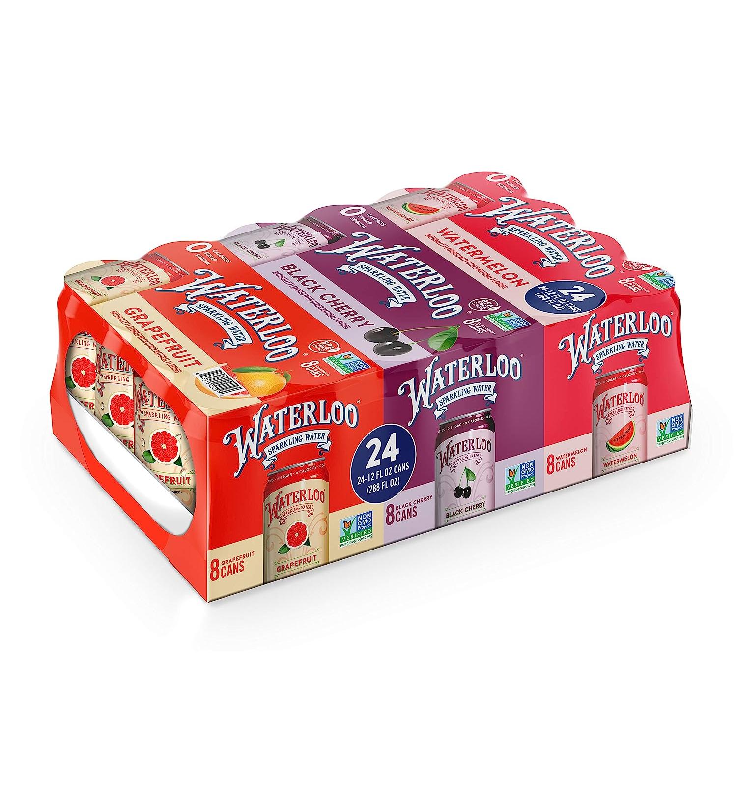 Waterloo Sparkling Water Variety Pack - 12 Fl Oz Cans - Pack of 24 - Grapefruit  Black Cherry  Watermelon - Zero Calories  Sugar  Sodium - No Artificial Sweeteners - Buy Online on GoSupps.com