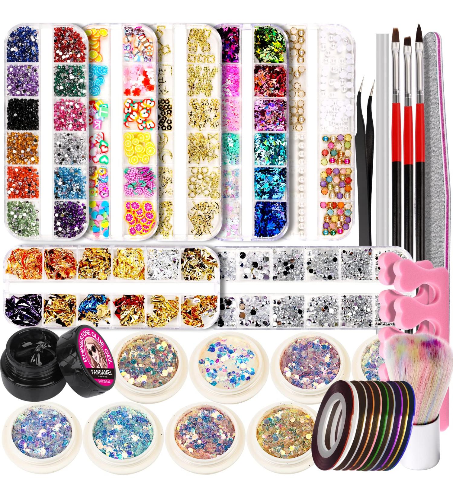 FANDAMEI Nail Art Rhinestones Kit with Glue Gel and Decorative Gems - Nail Rhinestones, Rivet, Pearl, Butterfly Glitter, Foil Flakes, Opal Chunky Glitter - Nail Art Brush Tools Included - Buy Online on GoSupps.com