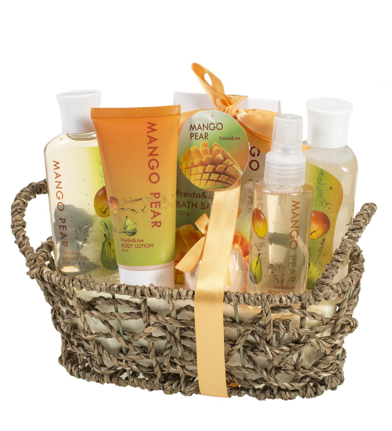 Luxury Home Spa Bath Basket - Mango Pear Aromatherapy Set for Women | Shower Gel Bubble Bath Body Lotion in Woven Antique Basket - Buy Online on GoSupps.com