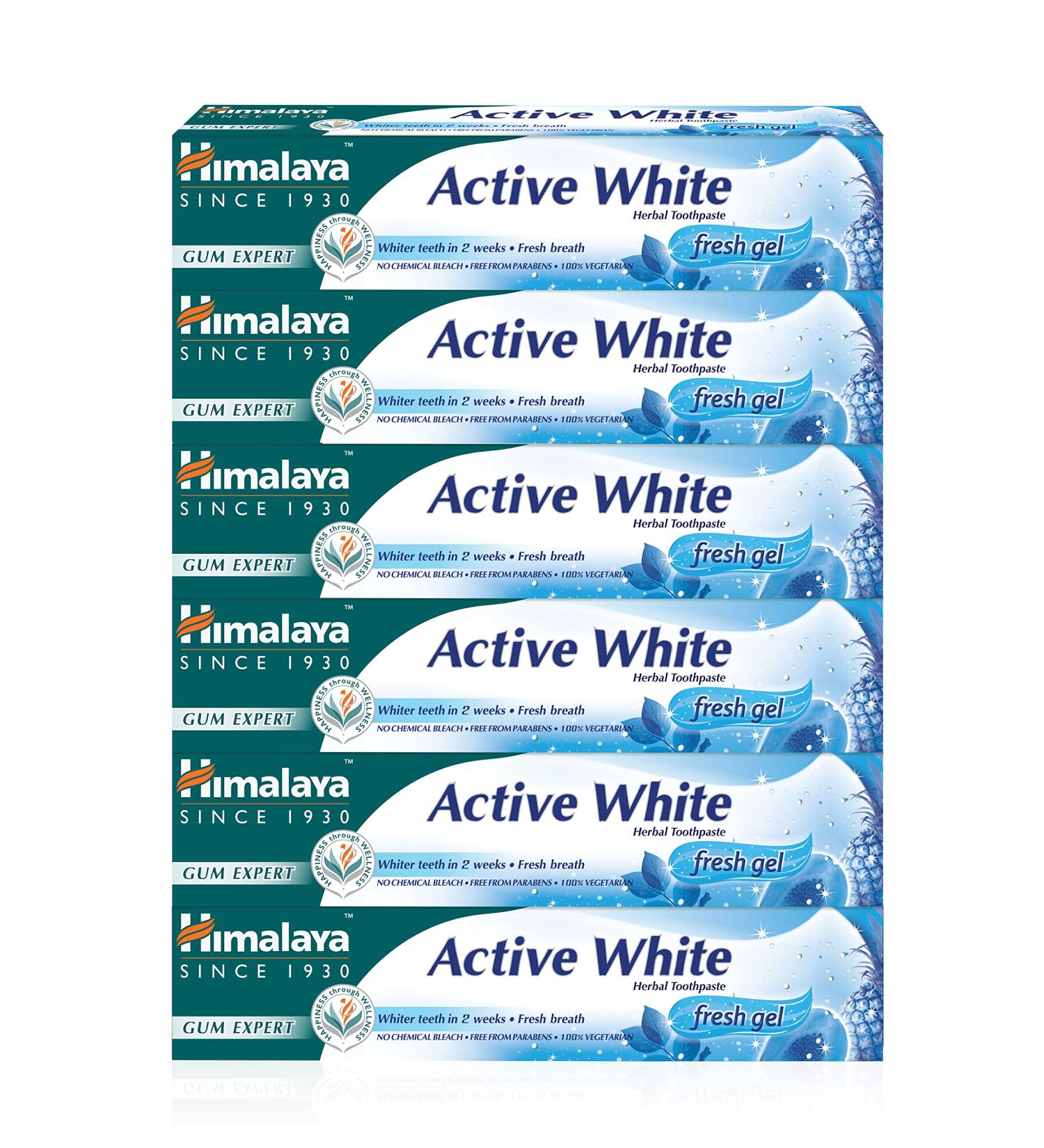 Himalaya Active White Gel Toothpaste - Herbal Teeth Whitening with Fruit Enzyme Anti-Germ & Gum Strengthening - Paraben & Bleach Free 75ml (Pack of 6) - International Shipping Available - Buy Online on GoSupps.com
