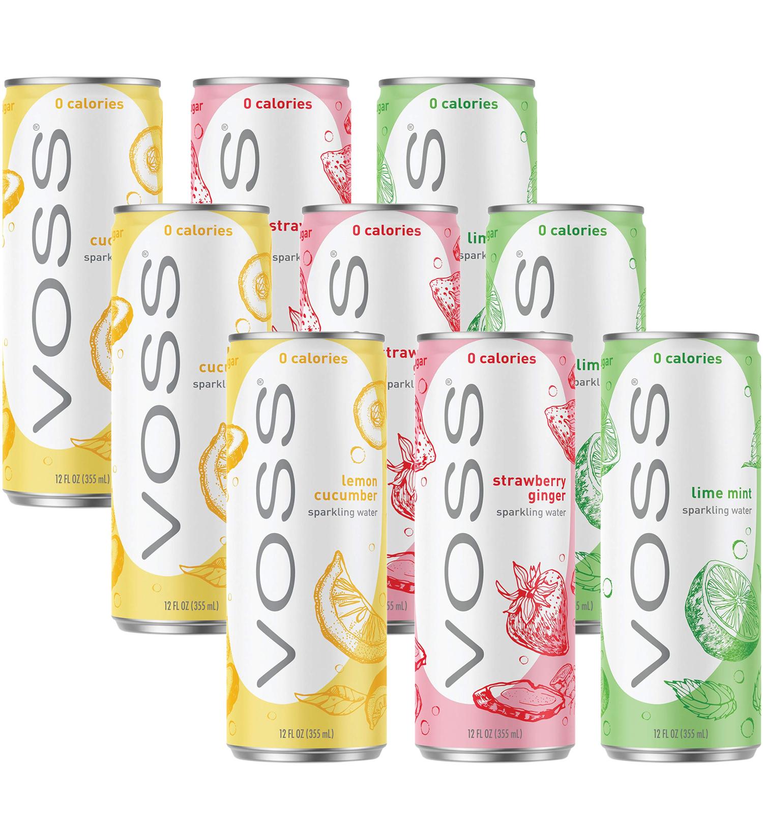 VOSS Lime Mint, Lemon Cucumber, Strawberry Ginger, Flavored Sparkling Water Variety Pack, 12oz Tall Can (Pack of 9, Total of 108 Fl Oz)