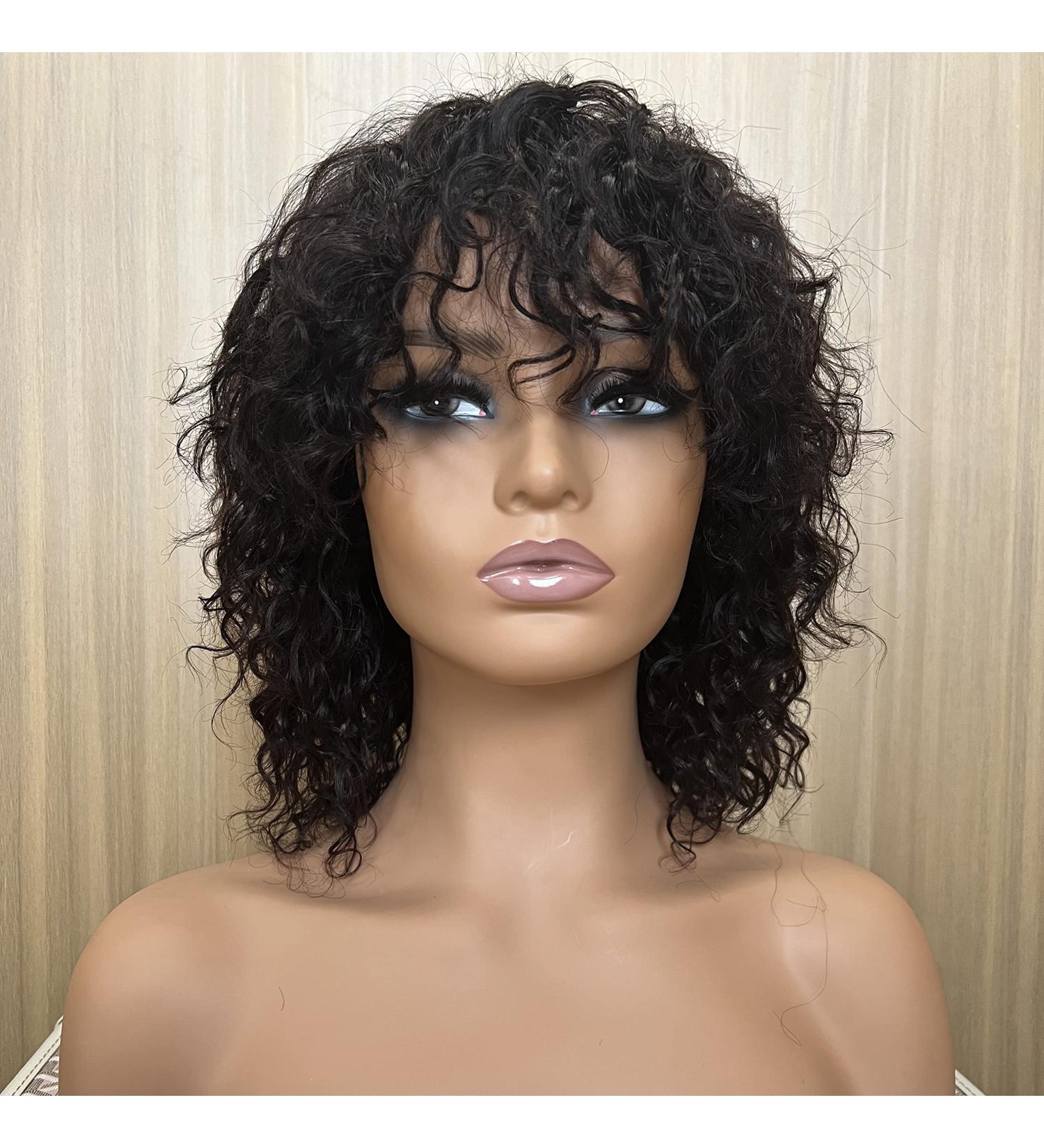 FULEISI 12 Short Water Wave Brazilian Virgin Human Hair Wig with Bangs for Black Women - Natural Black 12 | 180 Density - Buy Online on GoSupps.com