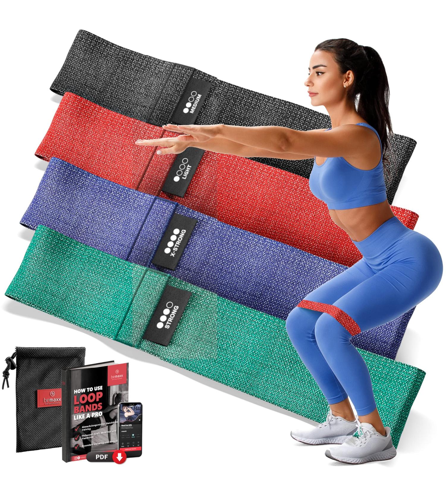 Fitness Band Set - Latex/Fabric Resistance Tapes & Training Book | Strength Training Booty & Yoga Bands - 4-Piece Set for Optimal Workouts - Buy Online on GoSupps.com