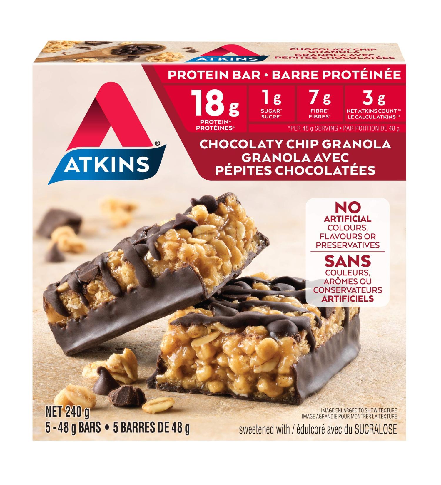 Atkins Protein Bars - Chocolaty Chip Granola Low Sugar Keto Friendly High Protein High Fibre 1g Sugar 3g Carbs 5ct - Buy Online on GoSupps.com