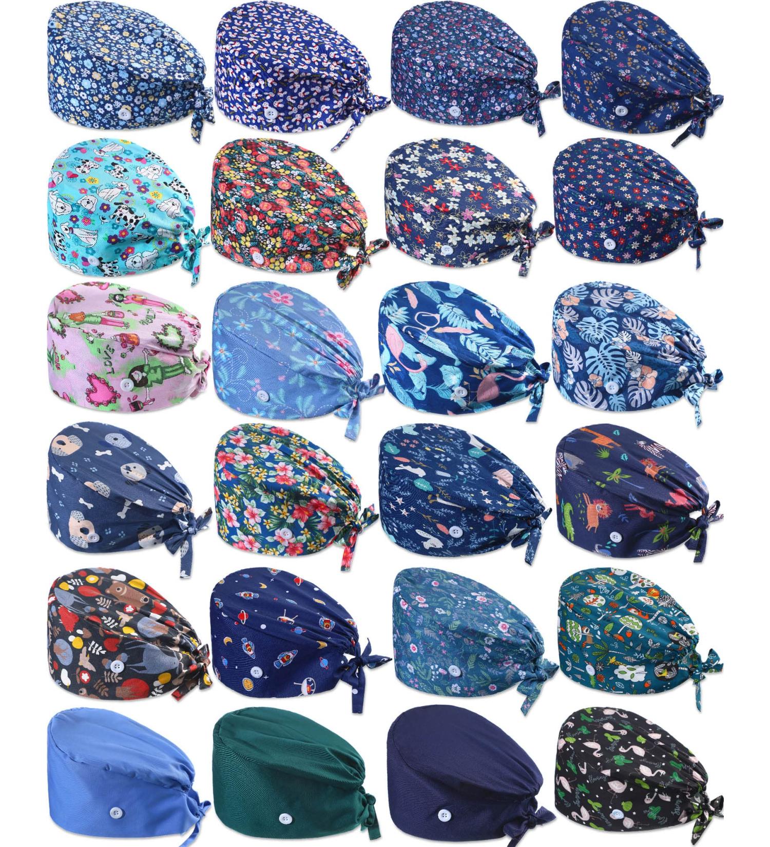 Adjustable Working Caps with Buttons Sweatband - 24 Pieces | Nursing Scrub Caps for Men and Women | Gourd Shaped Tie Back Hats for Doctor Nurse Beauty Salon | Cotton Headwear Printed - Buy Online on GoSupps.com