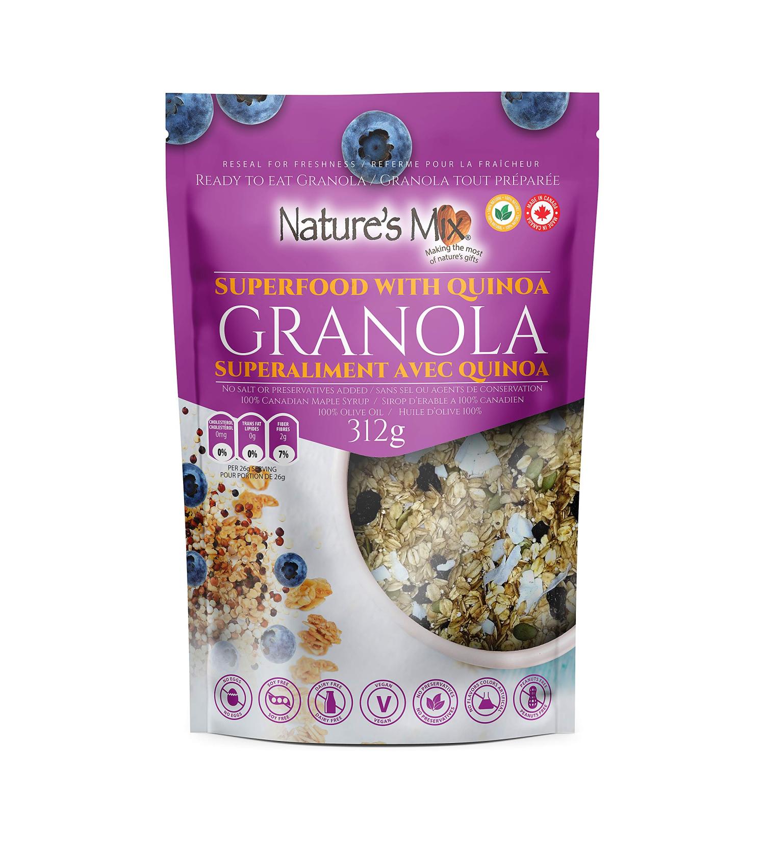 Nature's Mix Superfood Granola with Quinoa - Nut Free - Canadian Locally Made - Vegan and Kosher Certified Superfood Granola with Quinoa 312 Grams Light Purple grams 312 g (Pack of 1) Light Purple - Buy Online on GoSupps.com