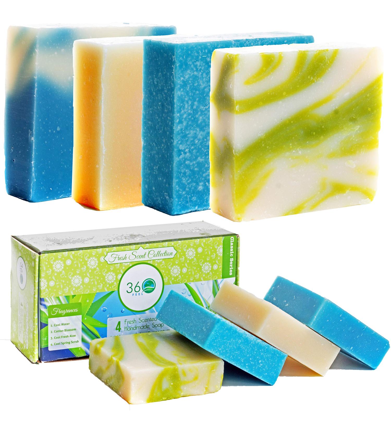 360Feel Fresh Scent Soap Bars Gift Set with Aloe Vera, Cotton Blossom, Spring Scrub - Handmade Natural Organic Soaps Essential Oil - Anniversary Wedding Gift - 4 Count 5 Ounce Bars - Buy Online on GoSupps.com