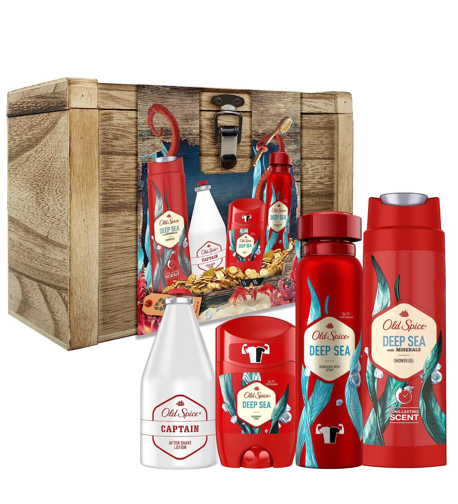 Old Spice Treasure Chest Gift Box Father s Day Gifts for Men Deep Sea Deodorant Stick 50ml Deodorant Spray 150ml Shower Gel 250ml and Captain Aftershave 100ml Deep Sea Gift Set - Buy Online on GoSupps.com