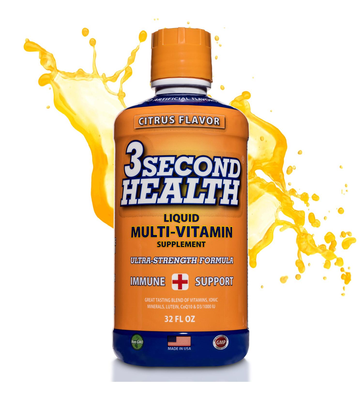 3 Second Health Liquid Multivitamin - Vegan - Non GMO - Gluten Free - Dairy Free - Soy Free - No Artificial Flavors or Preservatives - 32 Servings - GMP - USA Made - Boost Energy and Mental Clarity - Buy Online on GoSupps.com