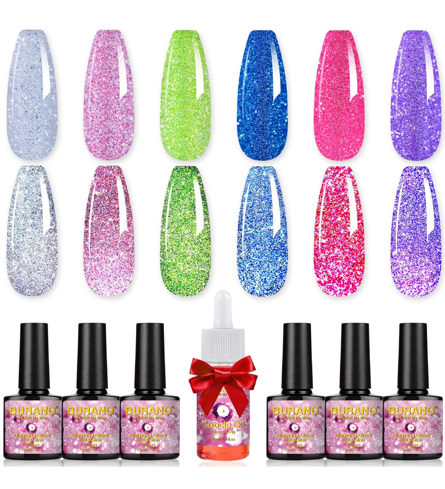 BURANO Reflective Glitter Gel Nail Polish - Rose Blue Purple Silver Holographic Sparkle - Soak Off Disco Gel with Cuticle Oil - UV Lamp Required - Buy Online on GoSupps.com